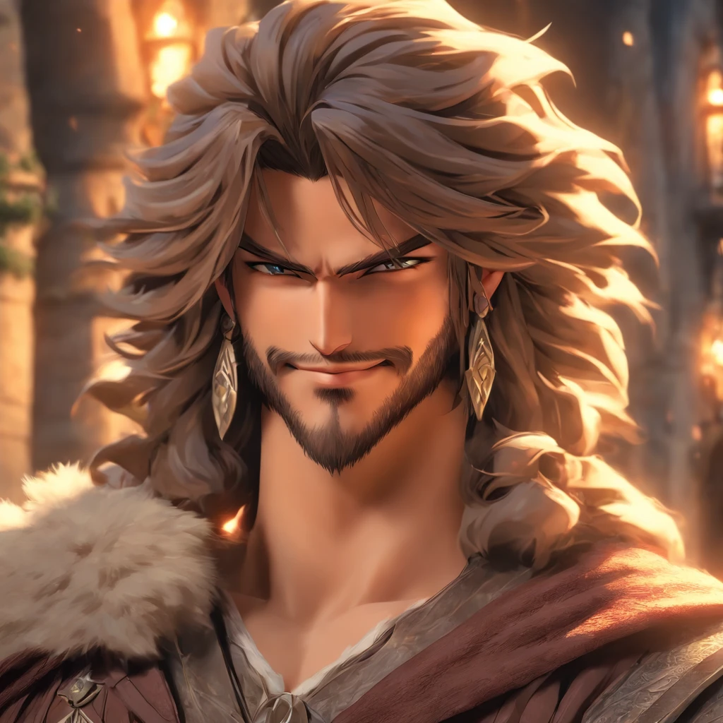 High quality, 8k Resolution, ultra detailed, 1man, male focus, ((kind smile)), looking at viewer, (cowboy shot), ((trevor belmont)), soft lighting, relaxed pose, (kind facial features), brown hair, nobleman clothing, (medieval town background), character smiling softly at viewer, very relaxed attitude, soft gaze, romantic features, ((((no hats)))), shoulder length hair, proportional head to body ratio, extremely detailed features, medieval fantasy time period, medieval noble clothing style, handsome face,