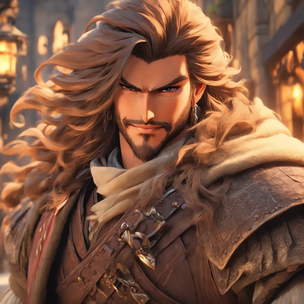 High quality, 8k Resolution, ultra detailed, 1man, male focus, ((kind smile)), looking at viewer, (cowboy shot), ((trevor belmont)), soft lighting, relaxed pose, (kind facial features), brown hair, nobleman clothing, (medieval town background), character smiling softly at viewer, very relaxed attitude, soft gaze, romantic features, ((((no hats)))), shoulder length hair, proportional head to body ratio, extremely detailed features, medieval fantasy time period, medieval noble clothing style, handsome face,