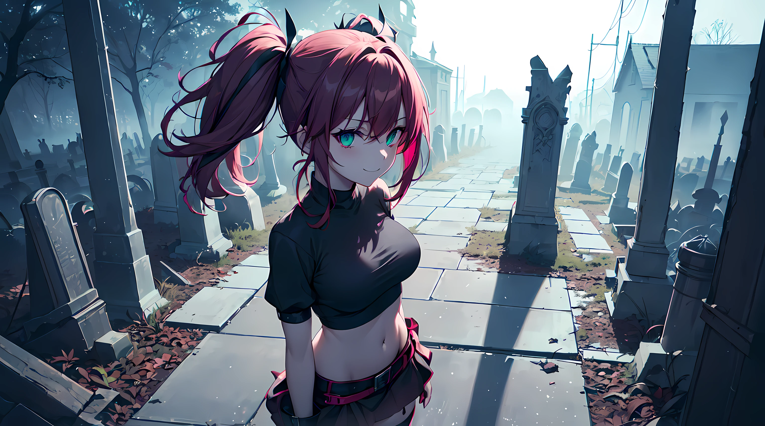 masterpiece, 1girl ((20year old, Devils Outfit, red crop top shirt exposes navel, black and red miniskirt, knee-high boots, thigh high socks, medium , multicolor pink hair, twin ponytails, green eyes, flirting, happy, big smile, standing in a graveyard at night, scary and abandoned old Victorian styles homes, dark and spooky night atmosphere)), ((nighttime)), nightcore, ghosts ((high camera angle, top view))