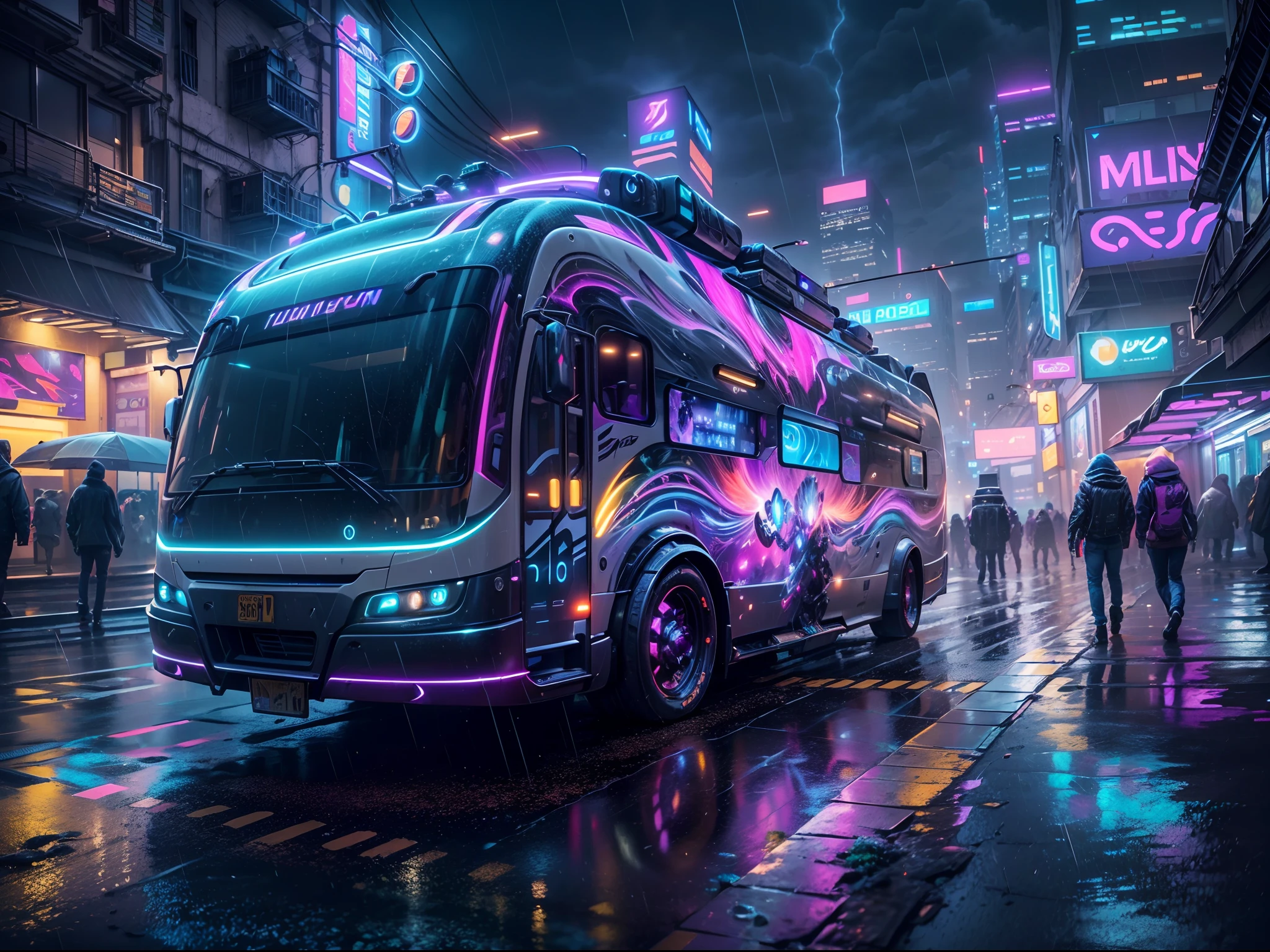 (best quality,4k,8k,highres,masterpiece:1.2),ultra-detailed,(realistic,photorealistic,photo-realistic:1.37),cyberpunk style RV,futuristic vehicle,hovering in the air,blue and purple neon light,abstract graffiti covering the motor home,body of the RV covered with smooth and sleek metallic panels,prominent geometric shapes,edgy and futuristic design features,anti-gravity technology,hovering without wheels,suspended in mid-air,blinking neon lights illuminating the surroundings,HDR,UHD,studio lighting,ultra-fine painting,sharp focus,physically-based rendering,extreme detail description,professional,vivid colors,bokeh,scenic night view with towering skyscrapers in the background,glowing holographic advertisements,heavy rain pouring down,reflecting the neon lights on the wet pavement,sci-fi concept,high-tech cityscape with flying drones and holographic projections,blurred movement of people rushing by,impressive perspective from a low angle,showcasing the grandeur of the cyberpunk world.