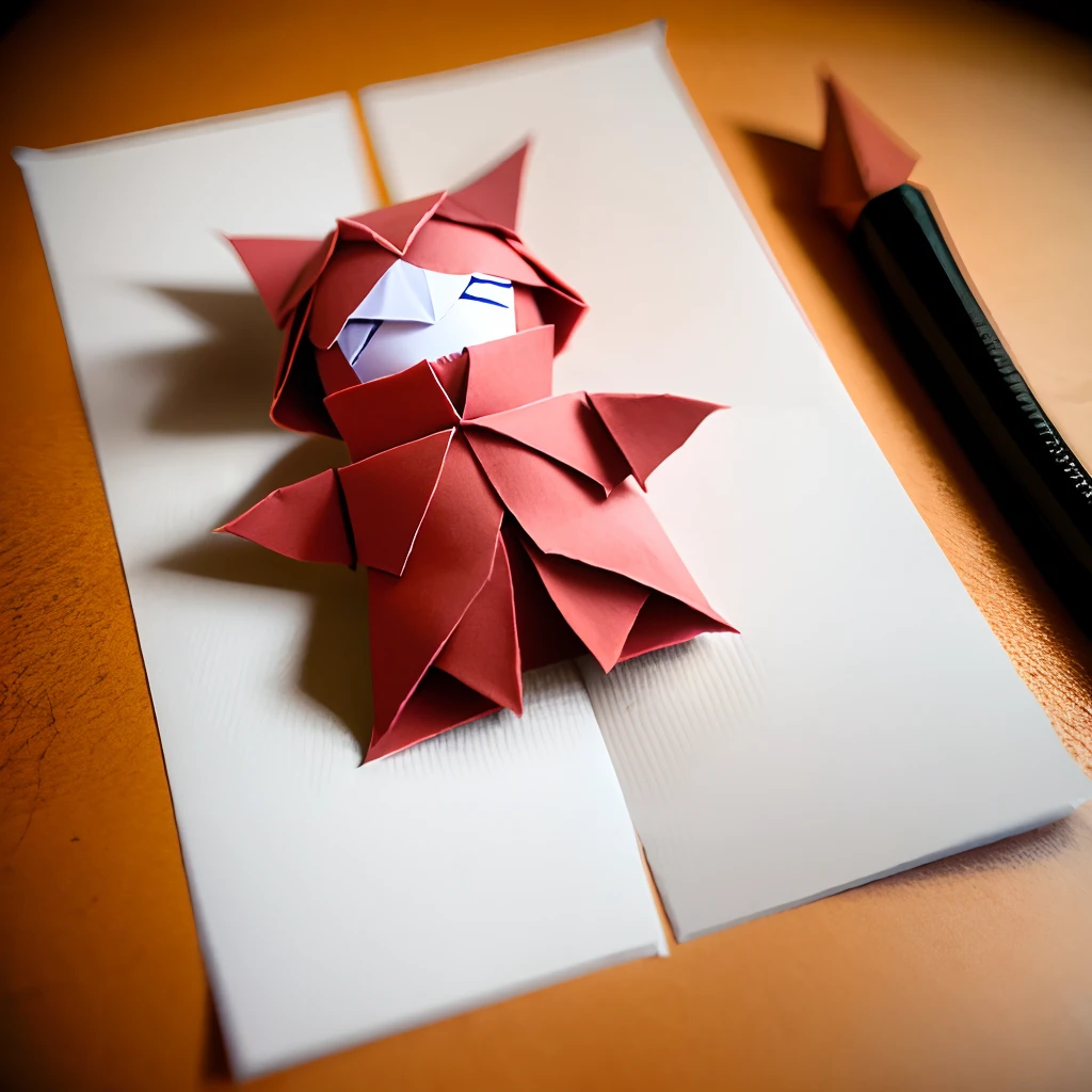 Origami com formato de uma personagem com papel em tons de vermelho