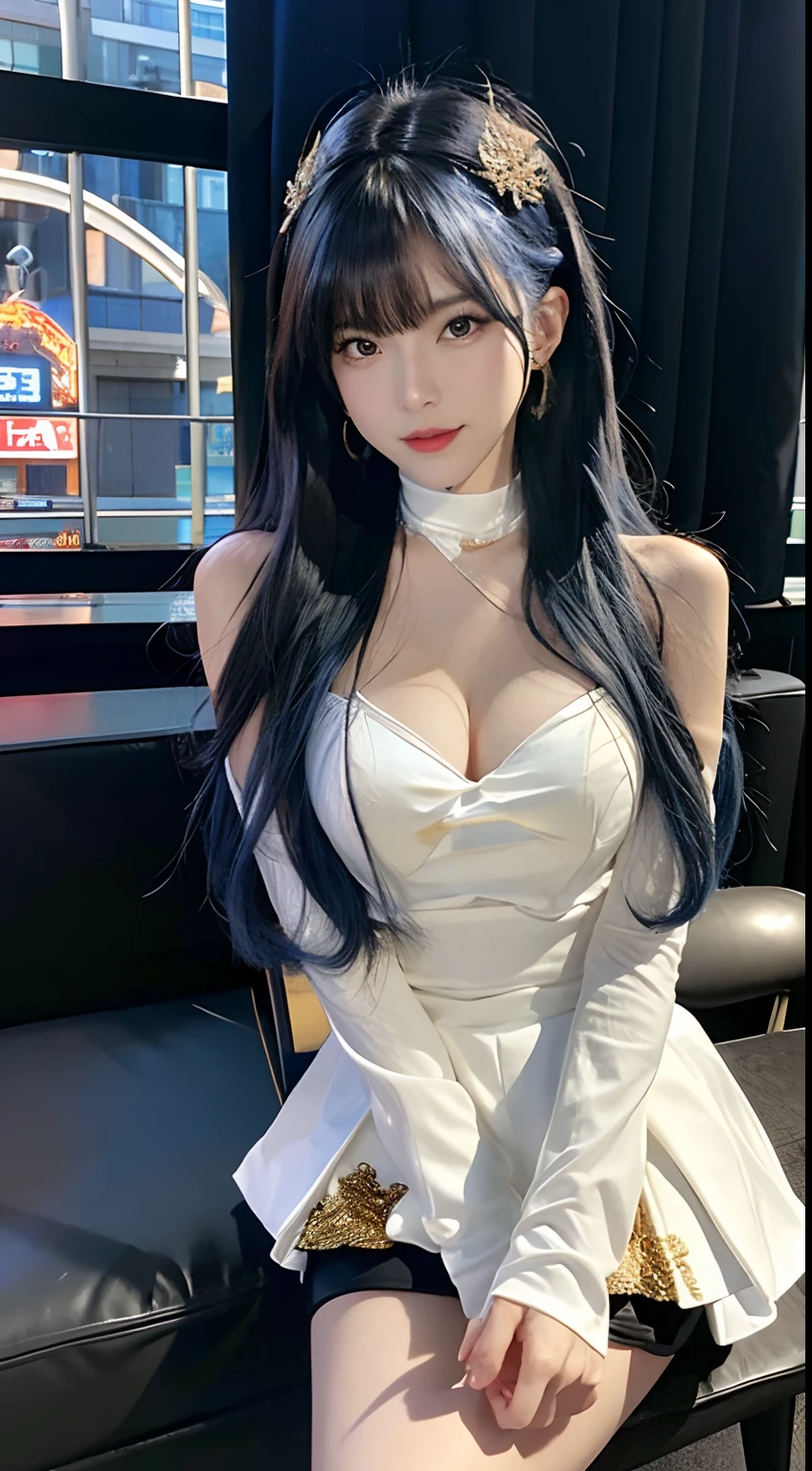 (masterpiece, bestquality;1.3), Very detailed ,ultra-detail, 1girls,bara, Double tail, huge breast, evil grin, gundam(Qty-78), science fiction, mecha, , blue hair, bara, Hair ornaments, long-haired, Double tail, golden eyes, jewelry, earrings, looking at the audience,Shinjuku City Background,nighttime, Lots of neon signs, Moon Base, Dress details, Micro mini skirt, from the bottom, Seated,, Chest Shot,