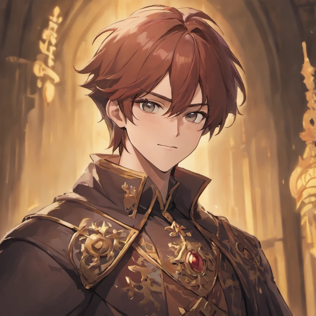 High quality, 8k Resolution, ultra detailed, 1man, male focus, ((kind smile)), looking at viewer, (cowboy shot), ((trevor belmont)), soft lighting, relaxed pose, (kind facial features), brown hair, nobleman clothing, (medieval town background), character smiling softly at viewer, very relaxed attitude, soft gaze, romantic features, ((((no hats)))), shoulder length hair, proportional head to body ratio, extremely detailed features, medieval fantasy time period, medieval noble clothing style, handsome face,