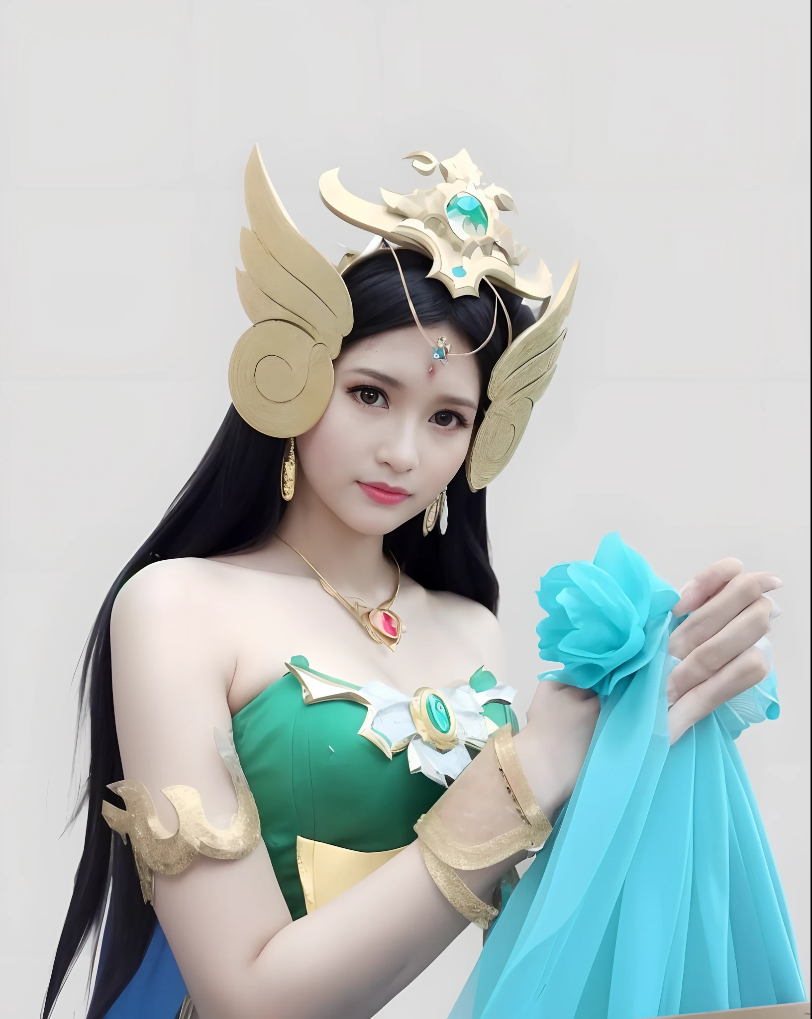 High quality image, masterpiece, detailed hair texture, detailed skin texture, detailed cloth texture, 8k, add fabric details, ultra detailed skin texture, ultra detailed photo, skin pores, cloth details, high skin details, realistic hair details, arafed woman in a green and gold costume holding a blue bag, anime cosplay, cosplayer, anime girl cosplay, lady palutena, cosplay, palutena, professional cosplay, ornate cosplay, queen of the sea mu yanling, cosplay photo, elegant glamourous cosplay, publicity cosplay, irelia, inspired by Lan Ying, anime goddess