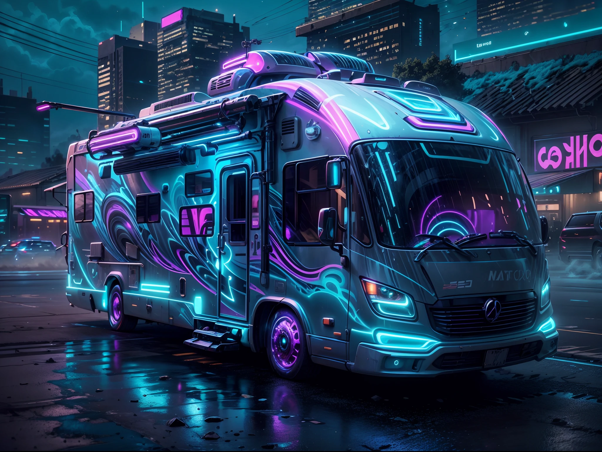 Image of a cyberpunk style RV, blue and purple neon light with abstract graffiti on the motor home, high tech RV with anti-gravity tech help it floating in the air, no wheel, flying with high tech
