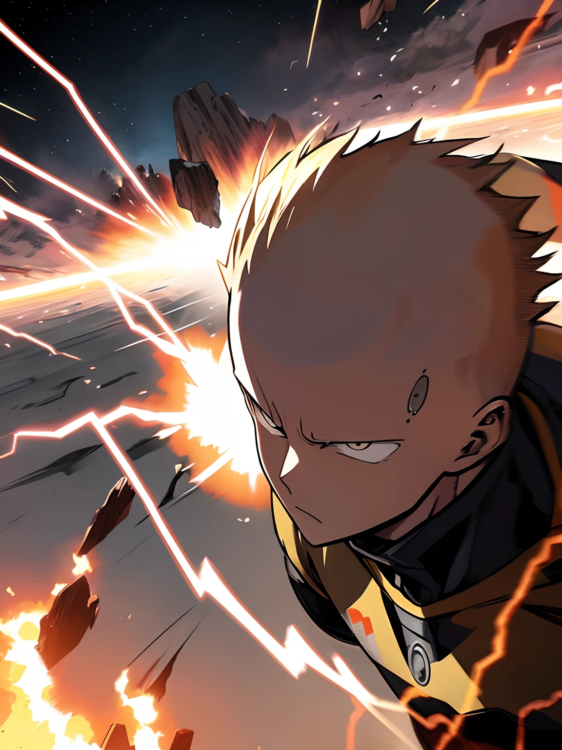 An illustration of Saitama striking the great earthwork with a powerful punch, creating a devastating shockwave and a huge crack in the atmosphere, hyperdetailled, hyperrealistic