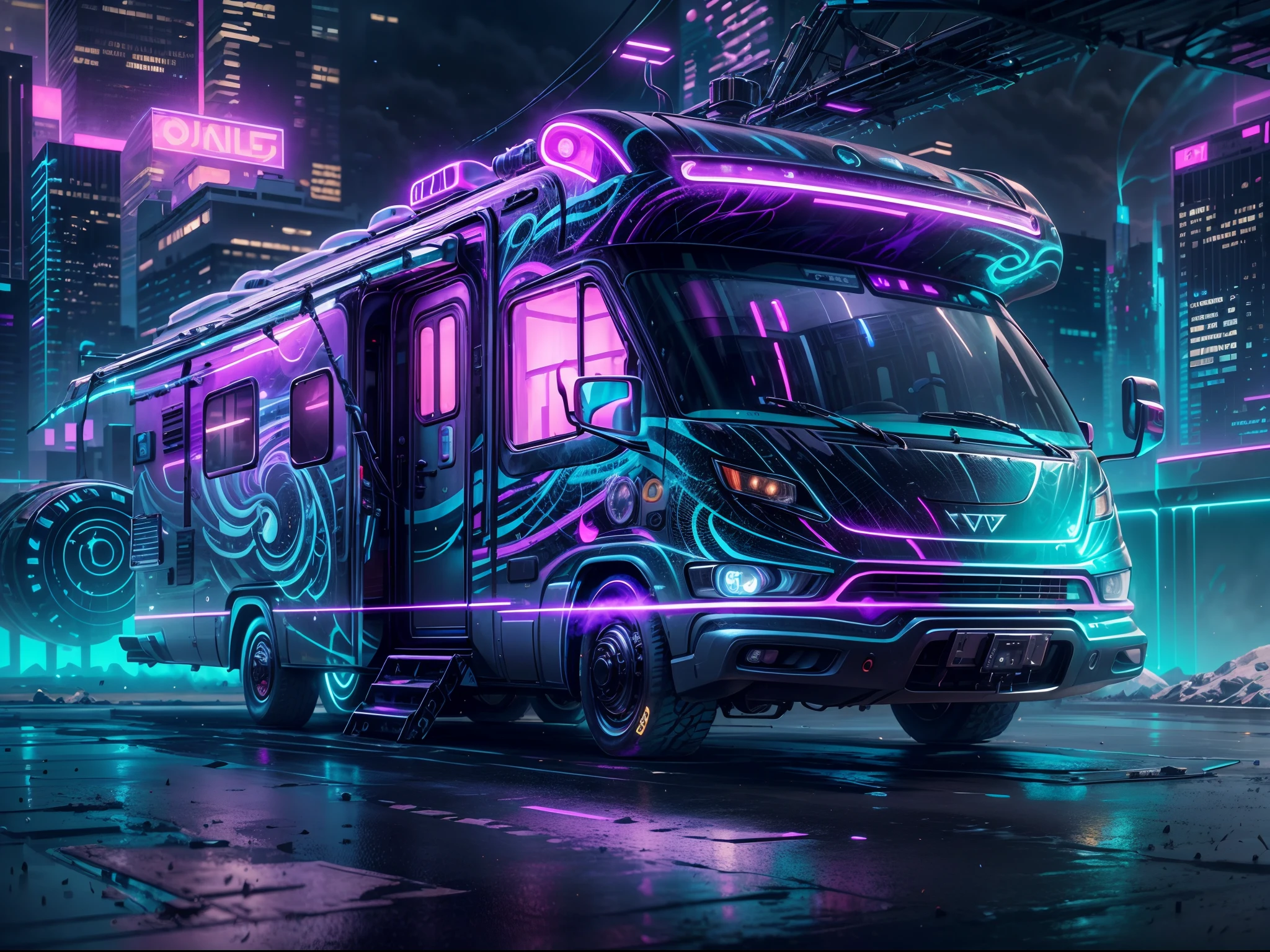 Image of a cyberpunk style RV, blue and purple neon light with abstract graffiti on the motor home, high tech RV with anti-gravity tech help it floating in the air, no wheel, flying with high tech