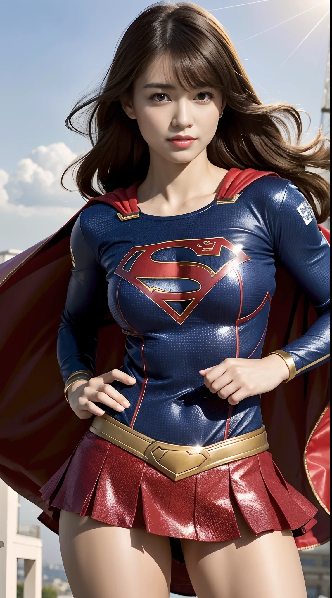 (Photorealistic:1.37), Highest Quality, masutepiece, 超A high resolution, (Healthy skin tone), BREAK, Solo, Cinematic, fighting poses, (She wears DC's Supergirl costume suit:1.2), S mark on chest, Red short skirt, Long Red Cloak, A fearless smile appears on her beautiful face, Elegant, Light brown short hair, Beautiful body like a supple athlete, Very glittery oily skin, Large breasts, Big hips, plein air, Skyscraper Area, BREAK, Highly detailed beautiful eyes and face, Detailed fabric texture, Insanely detailed realistic skin texture, (Correct body balance), Top-quality lighting that doesn't darken your face when backlit