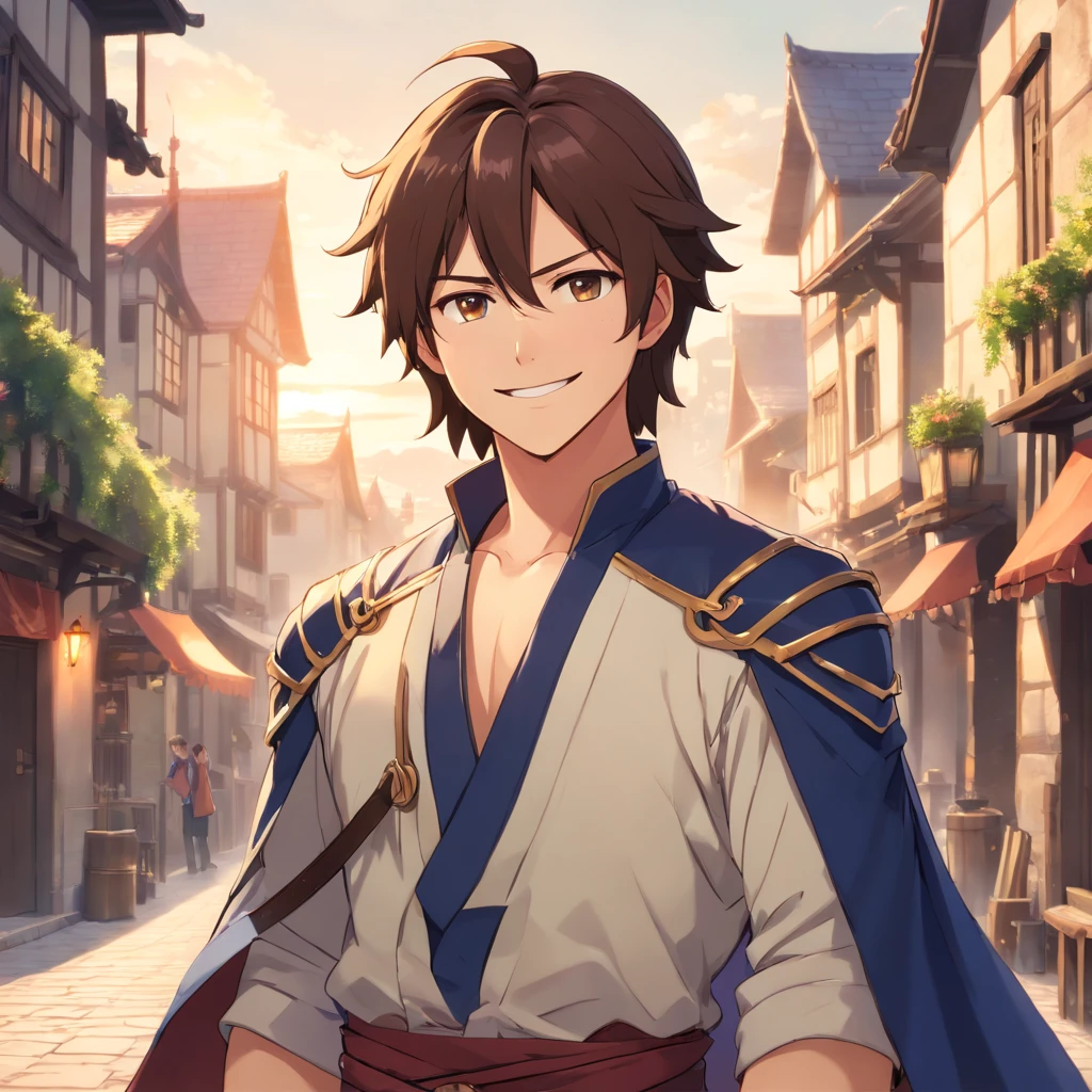 High quality, 8k Resolution, ultra detailed, 1man, male focus, ((kind smile)), looking at viewer, (cowboy shot), ((trevor belmont)), soft lighting, relaxed pose, (kind facial features), brown hair, nobleman clothing, (medieval town background), character smiling softly at viewer, very relaxed attitude, soft gaze, romantic features, ((((no hats)))), shoulder length hair, proportional head to body ratio, extremely detailed features, medieval fantasy time period, medieval noble clothing style, handsome face,