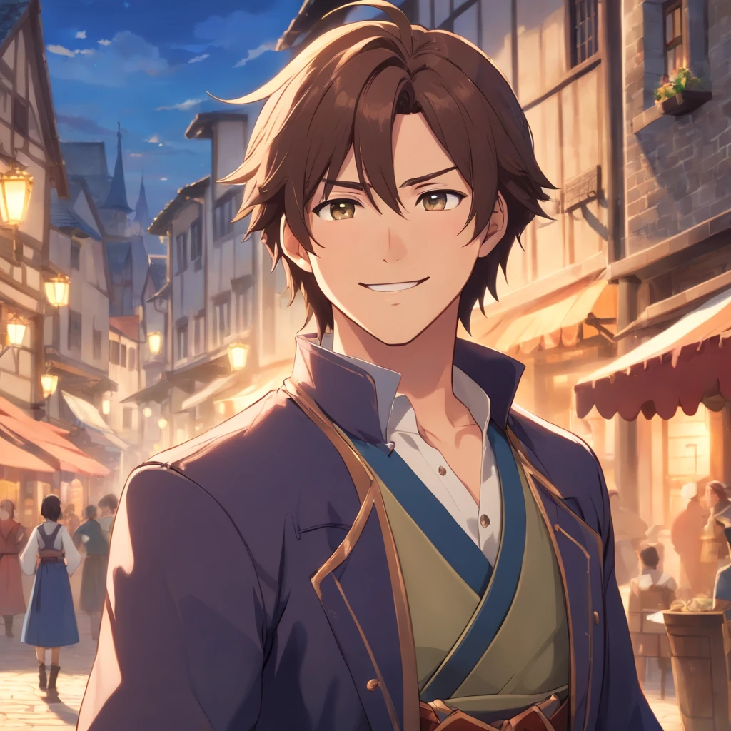 High quality, 8k Resolution, ultra detailed, 1man, male focus, ((kind smile)), looking at viewer, (cowboy shot), ((trevor belmont)), soft lighting, relaxed pose, (kind facial features), brown hair, nobleman clothing, (medieval town background), character smiling softly at viewer, very relaxed attitude, soft gaze, romantic features, ((((no hats)))), shoulder length hair, proportional head to body ratio, extremely detailed features, medieval fantasy time period, medieval noble clothing style, handsome face,