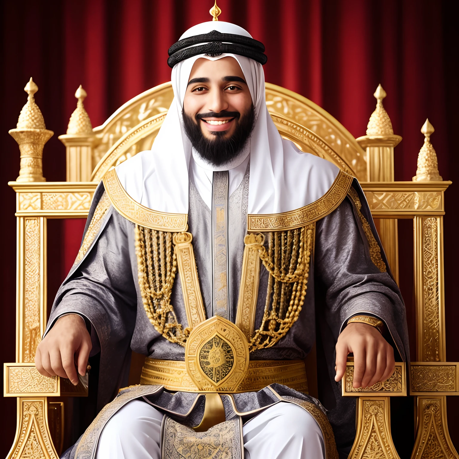 A Muslim king with a short beard and a smile on his face and sitting on a throne
