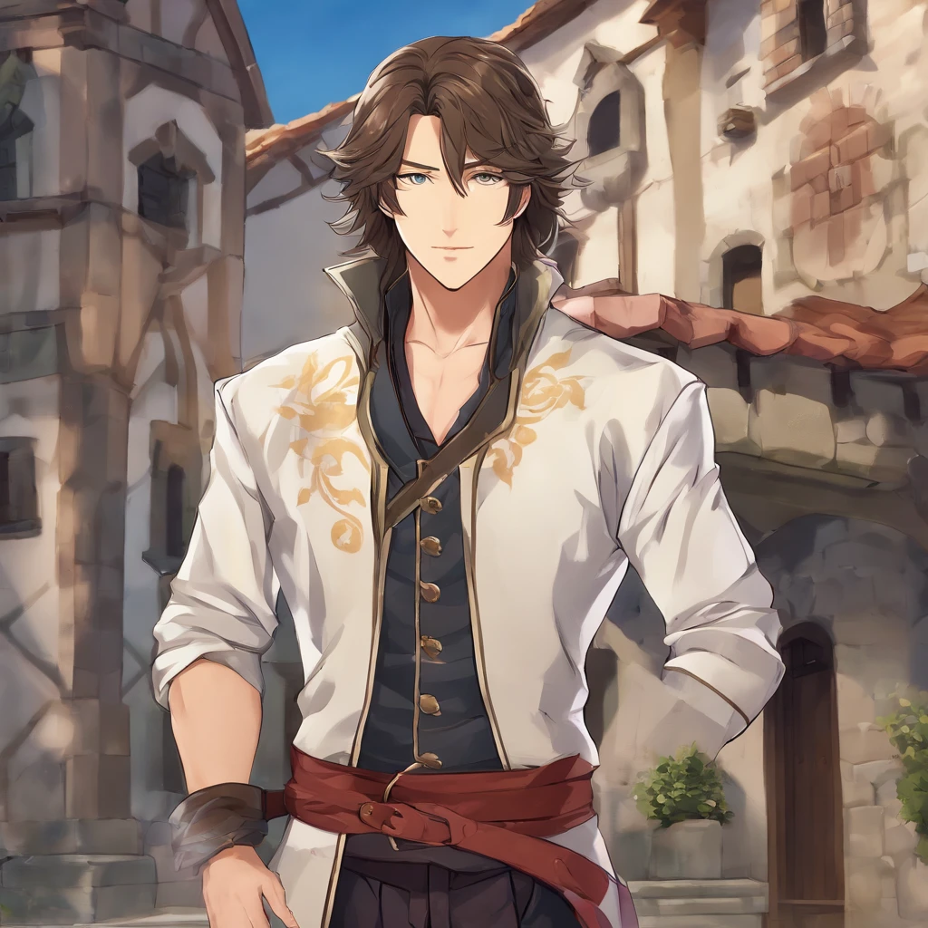 High quality, 8k Resolution, ultra detailed, 1man, male focus, ((kind smile)), looking at viewer, (cowboy shot), ((trevor belmont)), soft lighting, relaxed pose, (kind facial features), brown hair, nobleman clothing, (medieval town background), character smiling softly at viewer, very relaxed attitude, soft gaze, romantic features, ((((no hats)))), shoulder length hair, proportional head to body ratio, extremely detailed features, medieval fantasy time period, medieval noble clothing style, handsome face,
