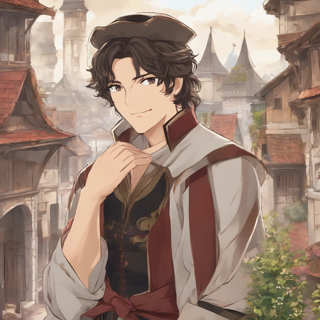 High quality, 8k Resolution, ultra detailed, 1man, male focus, ((kind smile)), looking at viewer, (cowboy shot), ((trevor belmont)), soft lighting, relaxed pose, (kind facial features), brown hair, nobleman clothing, (medieval town background), character smiling softly at viewer, very relaxed attitude, soft gaze, romantic features, ((((no hats)))), shoulder length hair, proportional head to body ratio, extremely detailed features, medieval fantasy time period, medieval noble clothing style, handsome face,