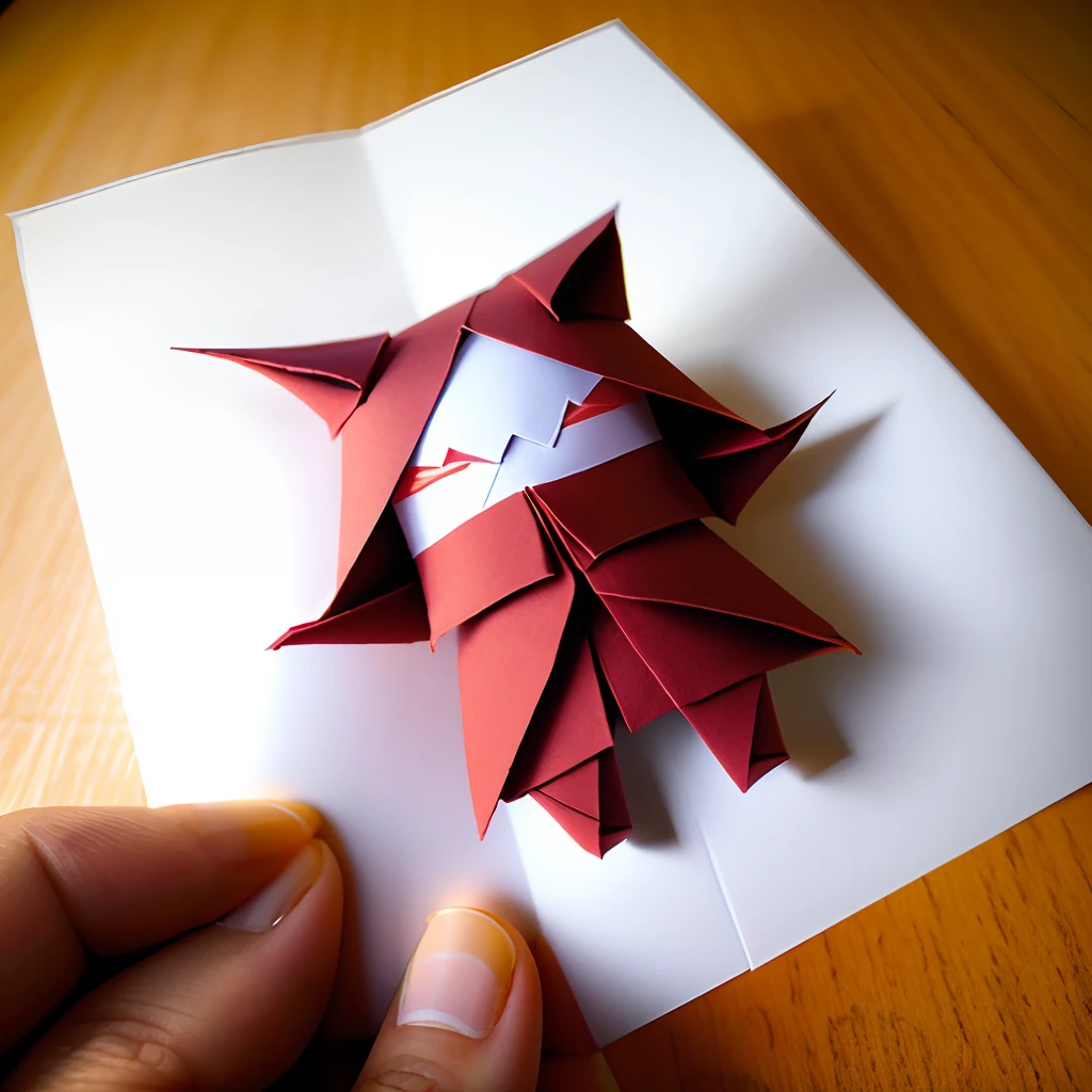Origami com formato de uma personagem com papel em tons de vermelho