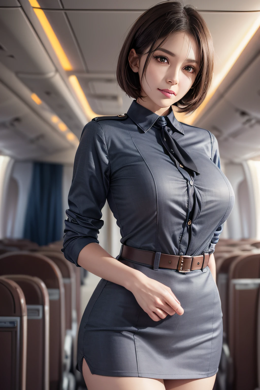 (1 Ultimate Beautiful Mature Woman), hyperdetailed face, Detailed lips, Detailed eyes, 二重まぶた, Black bob hair, (Stewardess uniform:1.2), (large full breasts), (thin-waist), (ssmile), thighs thighs thighs thighs, (Standing), Perfect fit, Perfect image realism, Background with: (On a luxury plane:1.3), (Cowboy Shot), Meticulous background, detailed costume, Perfect Lighting, Hyper-Realism, (Photorealsitic:1.4), 8K maximum resolution, (​masterpiece), Highly detailed, Professional