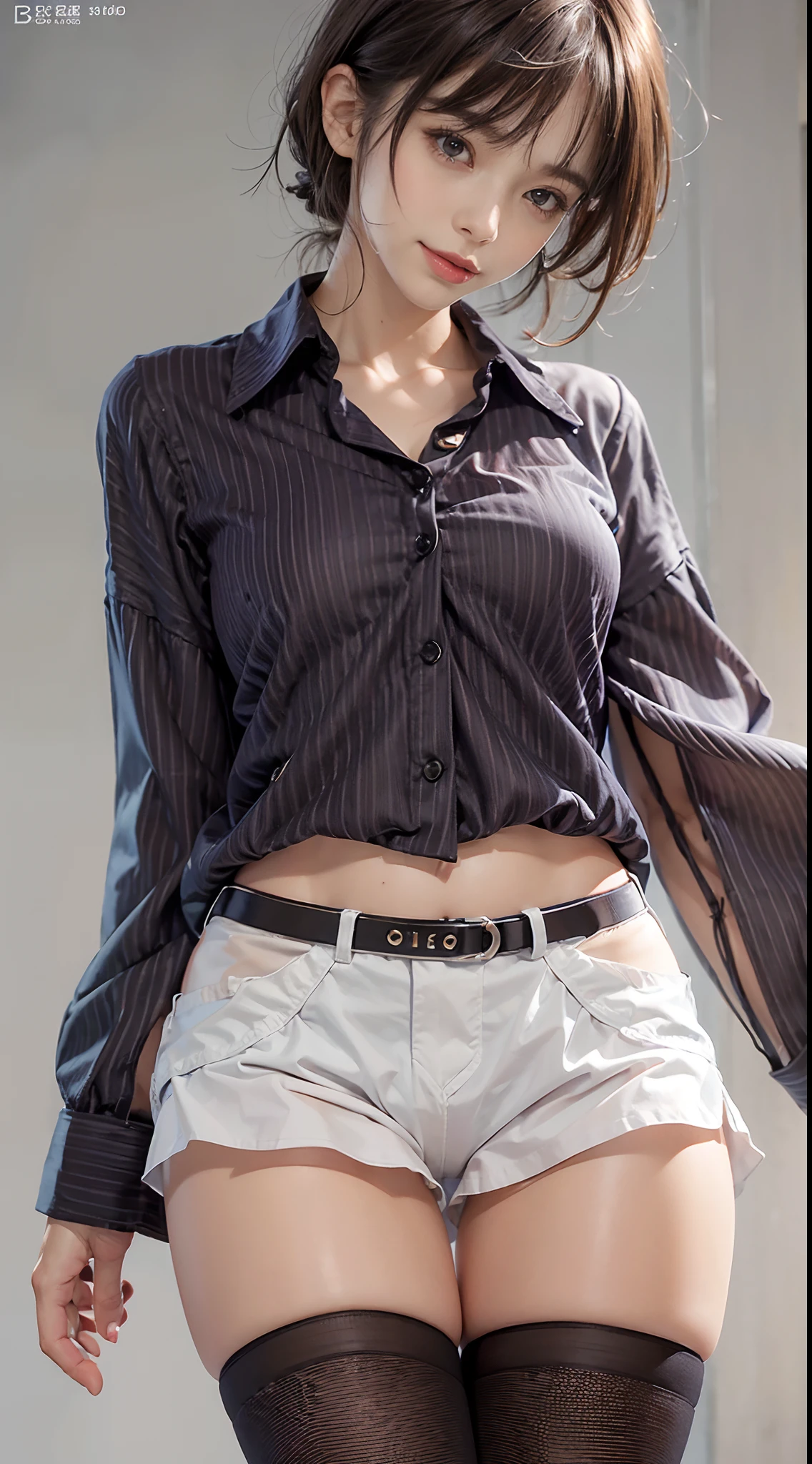 (((The lower part of the body is bare))), (((Long collar blouse))), ((Boyfriend's Shirt)), (((panties focus))), Smiling smile, (The FW), 1womanl, 独奏, 24 year old, 7headed body, (Ideal ratio body proportions), (Composition from head to thigh), erectile nipple, Sexy body, Wet, short-hair, Dark hair, small tits, A slender, Small buttocks, beauty legs, Skinny Legs, surrealism, Cinematic lighting, depth of fields, One-person viewpoint, F/1.8, 135 mm, nffsw, masutepiece, ccurate, ((Anatomically correct)), Textured skin, Super Detail, high details, High quality, awardwinning, Best Quality, hight resolution, 8K