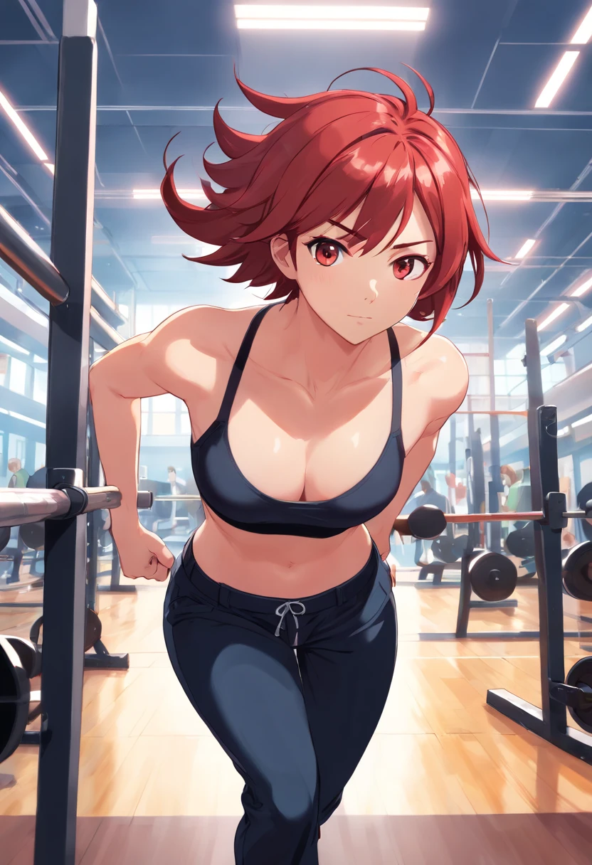 (A high resolution:1.2,hdr) Detailed illustration, Yujiro Hama, Red-haired, Black pants, Demon aura, musculous,Sharply defined, in the gym, anime big breast, baki