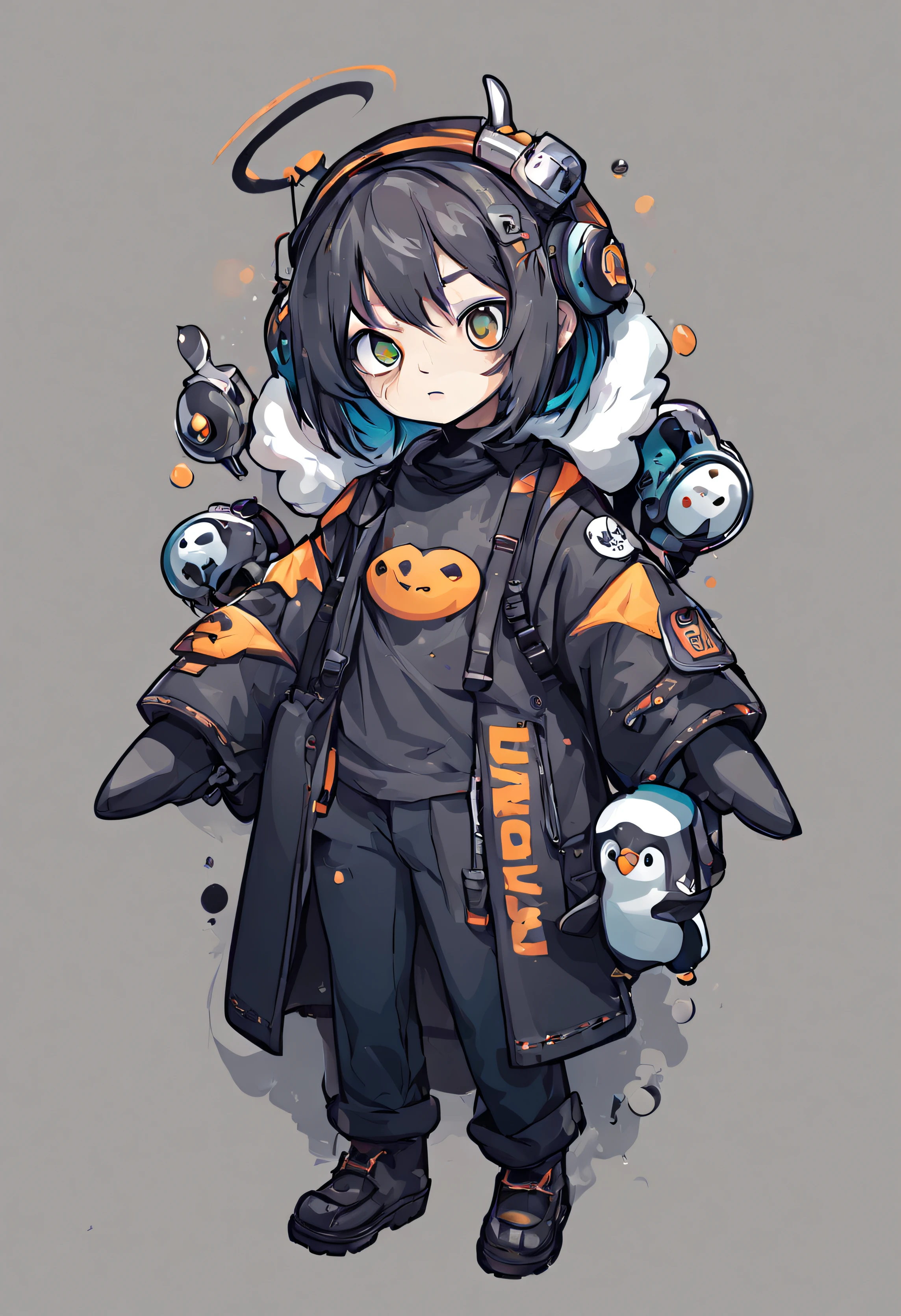 ((a sticker))、Vector image、Anthropomorphic penguins、Halloween Cosplay、cyberpunked、T-shirt illustration design、