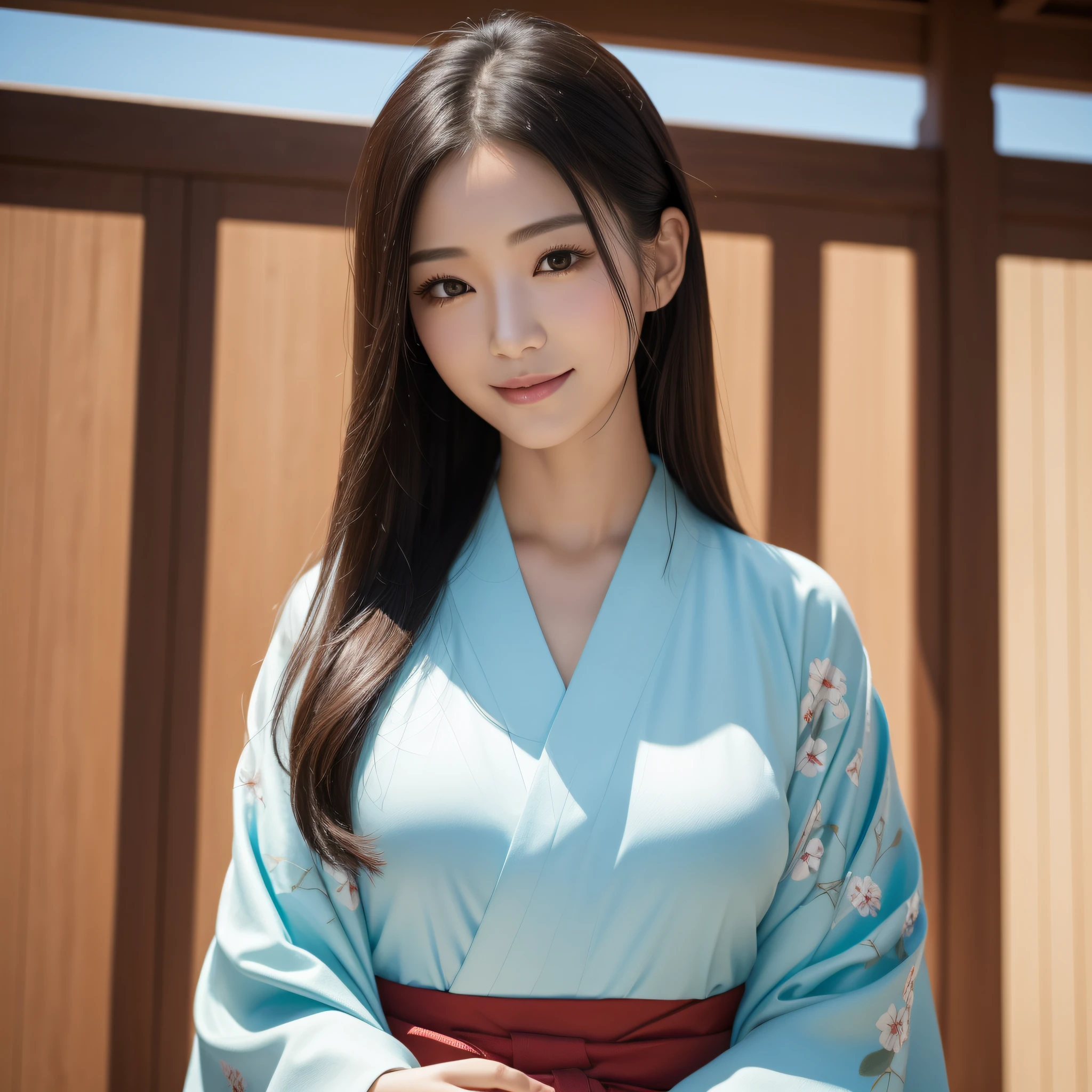 Woman in Kimono、((best qualtiy、8k masterpieces:1.3))、foco nítido:1.2、(ultra beautiful faces:1.0)、(shinny skin:1.0)、photos realistic、A dark-haired、Video Lighting、High-definition eyes and face、Video Lighting、Korean idol actress、from the front side、medium breasts、Smile、Slender Abs Beauty、Whole body、wearing kimonos、At the shrine in the early morning