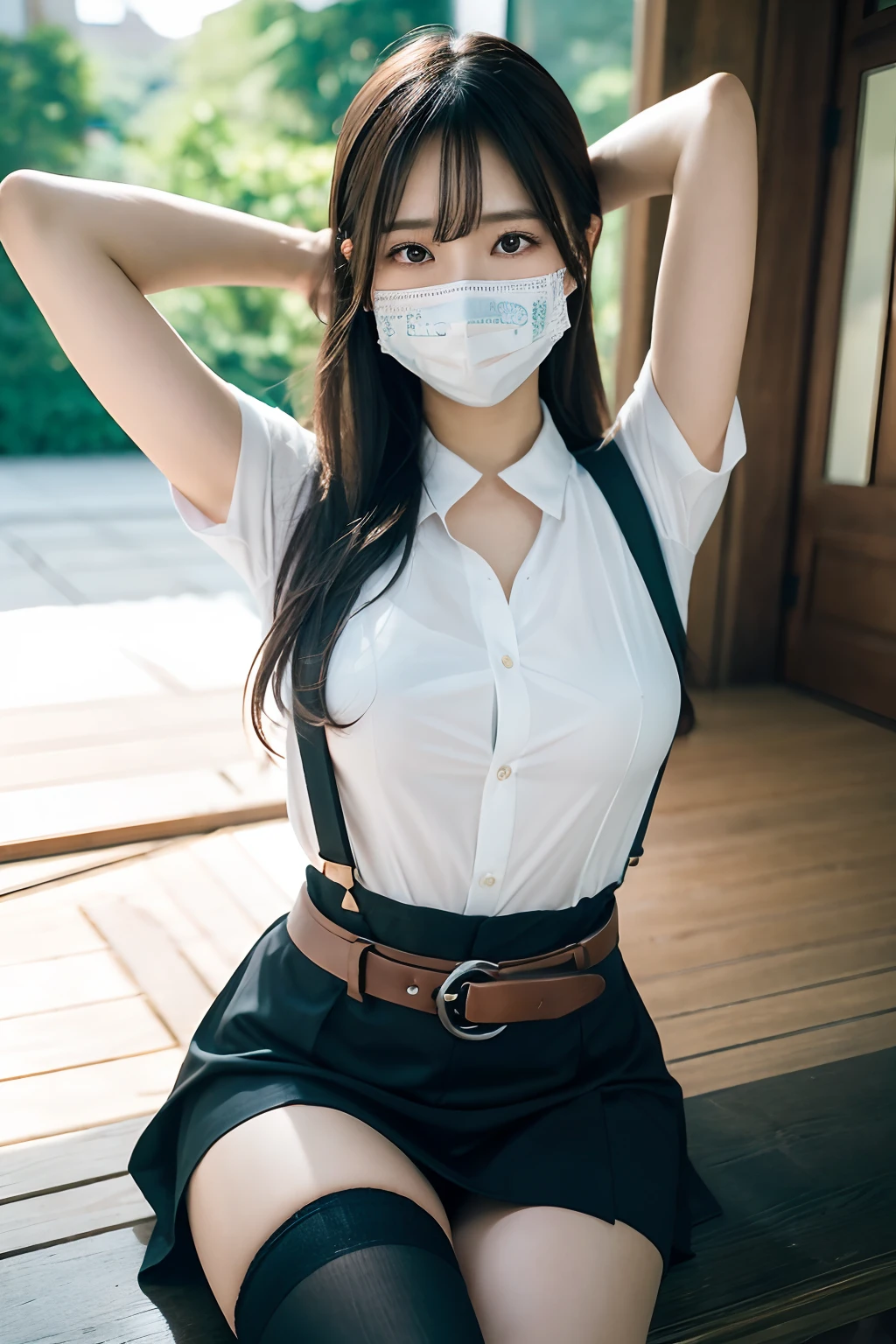 ​masterpiece、top-quality、The ultra -The high-definition、、colourfull、flat-colors、depth of fields、lens flare 1 girl、、A dark-haired、watching at viewers　holster　bobby　Cutter shirt　a belt　suspenders　working adults　materia　OL　　　glares　large full breasts　glares　huge-breasted　a miniskirt　garterbelts　knee high　Stockings　Black Niso　 Face sitting
Waiting to start　 Armpit sweat　perspiring　Side of both hands　masks