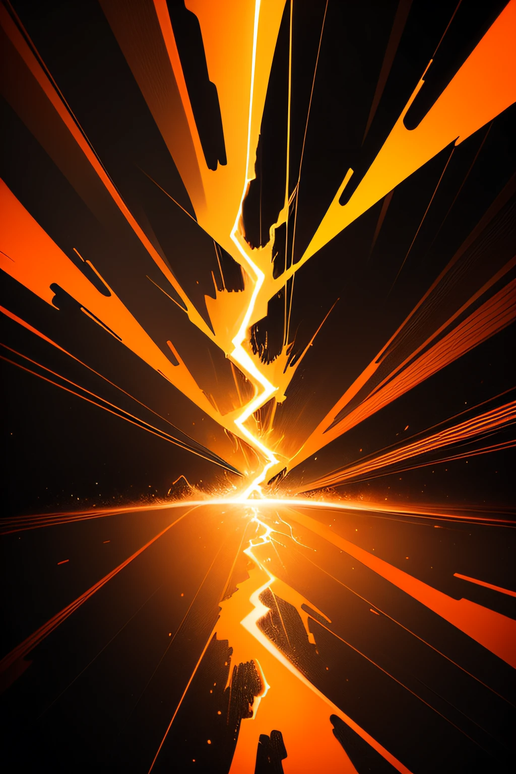 Orange lightning bolt on black background,(Best Quality, hight resolution, Ultra-detailed), Intense Contrast, bright colours, dramatic  lighting, Abstract art, long exposure, Electrifying energy, Powerful & Dynamic, minimalistic style