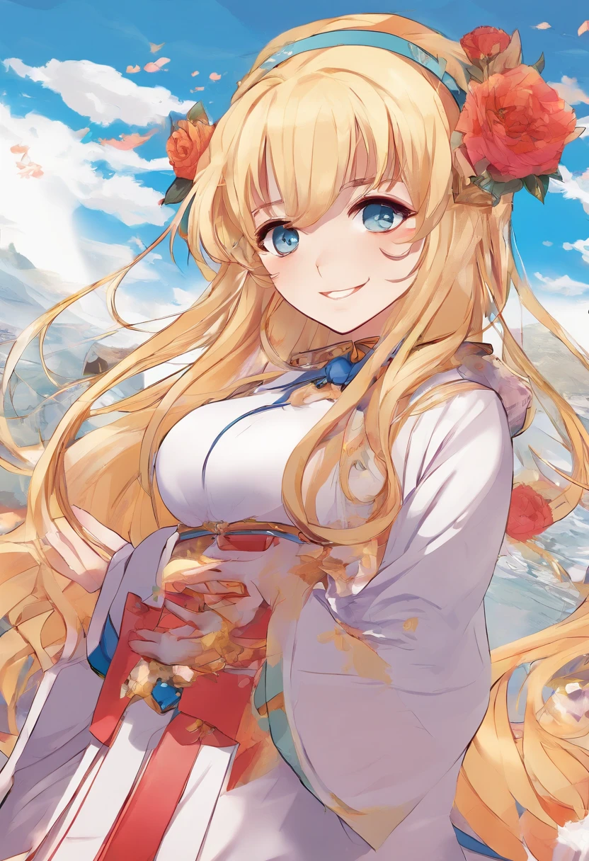 no nsfw, master piece, beautiful detailed, anime style, a li girl, full body, young, two side up gold hair, odd eyes, sleeves past wrists, happy smile