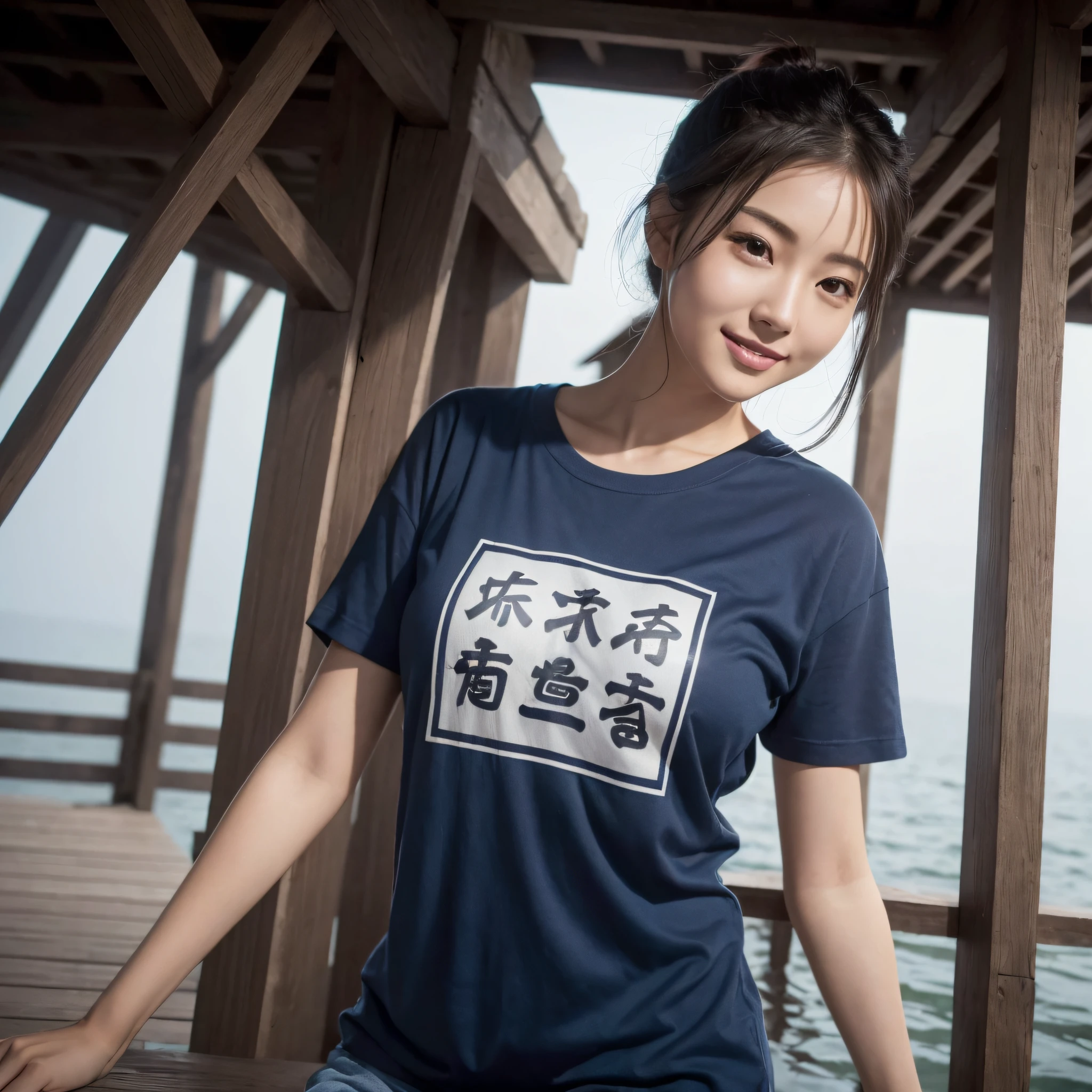 One beauty、((best qualtiy、8k masterpieces:1.3))、foco nítido:1.2、(ultra beautiful faces:1.0)、(shinny skin:1.0)、photos realistic、A dark-haired、Video Lighting、High-definition eyes and face、Video Lighting、25-year-old Japan actress、from the front side、medium breasts、Smile、Slender Abs Beauty、Whole body、Wearing a T-shirt with Japan kanji written on it、On the shores of the lake of fog