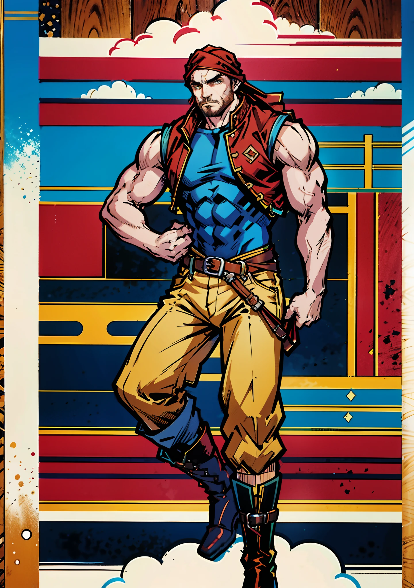 A middle-aged man with short brown hair, wearing a headscarf, has a Northern European face, a cold and stern gaze, a neatly trimmed beard, he wears a peculiar fantasy-style outfit, a uniquely tailored tight vest, that exposes much of his upper body, revealing well-defined muscles, a red cloth belt around his waist and wears, wears yellow cloth trousers, knee-high leather boots, he stands on the dock, with a large wooden sailboat in the background, this character embodies a finely crafted fantasy-style pirate in anime style, characterized by an exquisite and mature manga illustration art style, high definition, best quality, highres, ultra-detailed, ultra-fine painting, extremely delicate, professional, anatomically correct, symmetrical face, extremely detailed eyes and face, high quality eyes, creativity, RAW photo, UHD, 8k, Natural light, cinematic lighting, masterpiece:1.5