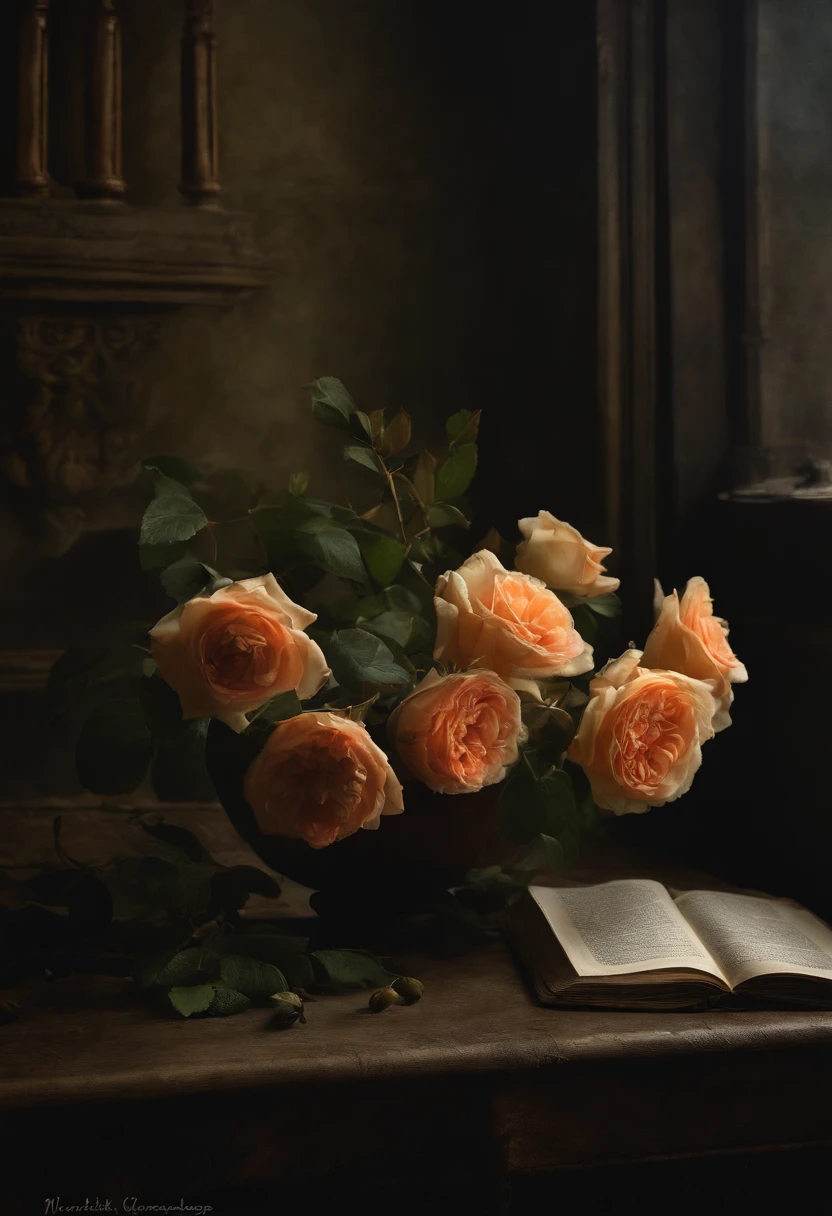 A detailed description of the prompt:
"Best quality, A high resolution, Masterpiece:1.2, Ultra-detailed, Realistic:1.37, Dark Still Life, Oil painting, mystical ambiance, Dim lighting, Rich textures, Vivid colors, Intricate details, intense shading, Aging objects, Withered roses A subtle reflection, GLOOMY AMBIANCE, hauntingly beautiful, Creepy elements, Delicate brushstrokes, Engaging composition, Classical art style, Tonal contrast, Dramatic shadows, Spooky existence, Incredible objects, Intricate rotting details, Gloomy color palette, The depth and dimensions of the capture, Emotions hidden in the dark, Realistic rendering, Strong chiaroscuro, Delicate texture, Tiny details of each object, Impeccable accuracy in portraying aging, Unforgettable vulnerability, Ethereal atmosphere, Complex layers of symbolism."