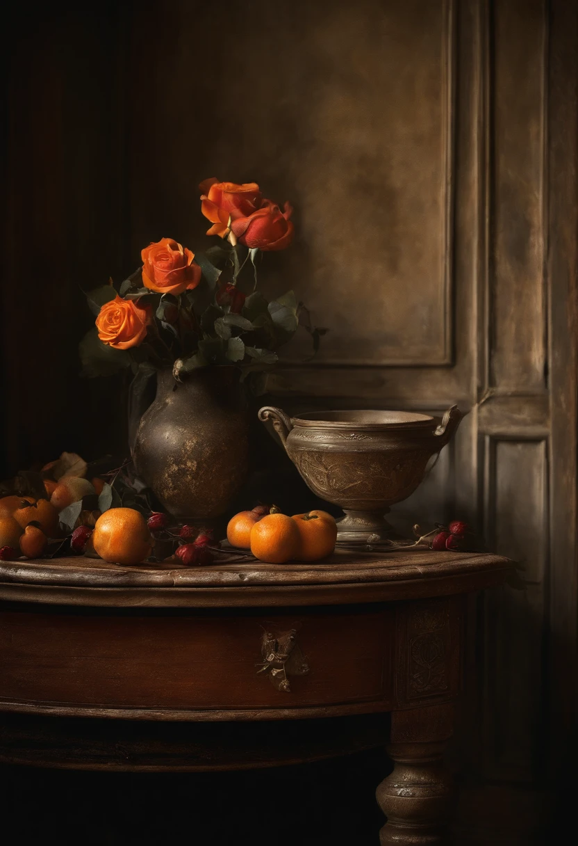 A detailed description of the prompt: 

"Best quality, A high resolution, Masterpiece:1.2, Ultra-detailed, Realistic:1.37, Dark Still Life, Oil painting, mystical ambiance, Dim lighting, Rich textures, Vivid colors, Intricate details, intense shading, Aging objects, Withered roses A subtle reflection, GLOOMY AMBIANCE, hauntingly beautiful, Creepy elements, Delicate brushstrokes, Engaging composition, Classical art style, Tonal contrast, Dramatic shadows, Spooky existence, Incredible objects, Intricate rotting details, Gloomy color palette, The depth and dimensions of the capture, Emotions hidden in the dark, Realistic rendering, Strong chiaroscuro, Delicate texture, Tiny details of each object, Impeccable accuracy in portraying aging, Unforgettable vulnerability, Ethereal atmosphere, Complex layers of symbolism."