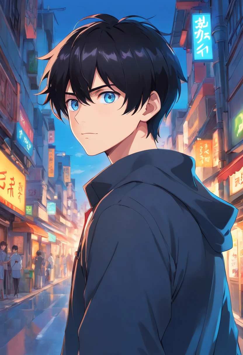 black hair, anime style, character chart, first-person view, Anime boy with UHD black hair and black shirt, young anime man, anime moe art style, Anime Boy, Smooth Anime CG Art, Male anime style, artwork in the style of guweiz, A cute boy,rainbows,Anime portrait of a handsome man, digital anime illustration, Short anime guy with blue eyes, male anime characters, boy has short black hair,BL,