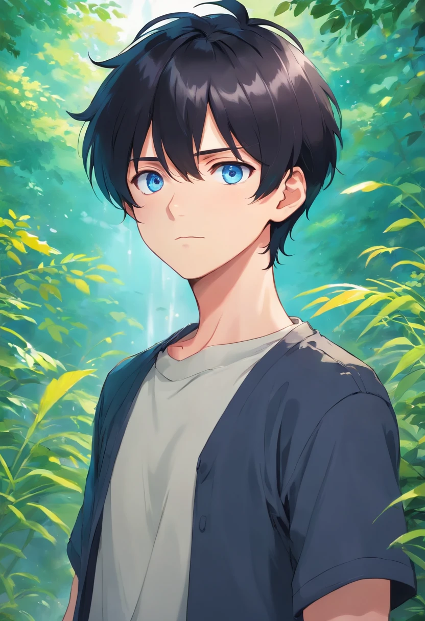 black hair, anime style, character chart, first-person view, Anime boy with UHD black hair and black shirt, young anime man, anime moe art style, Anime Boy, Smooth Anime CG Art, Male anime style, artwork in the style of guweiz, A cute boy,rainbows,Anime portrait of a handsome man, digital anime illustration, Short anime guy with blue eyes, male anime characters, boy has short black hair,BL,