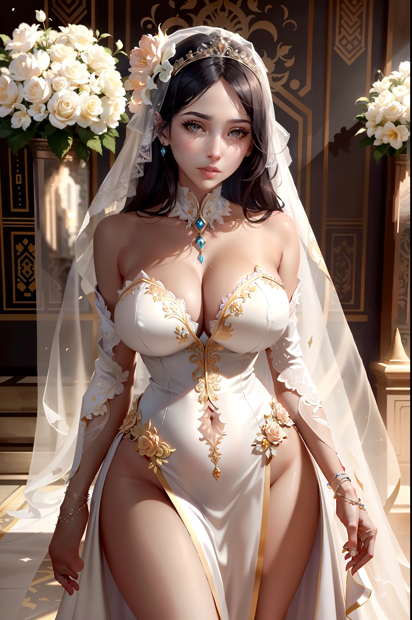araffe woman in a wedding dress with a veil and flowers, robe. extremely high details, full body cgsociety, intricate wlop, trending on cgstation, a beautiful fantasy empress, cgsociety masterpiece, wlop glossy skin, in style of wlop, intricate body, royal elegant pose, photorealistic perfect body, guweiz masterpiece, thicc