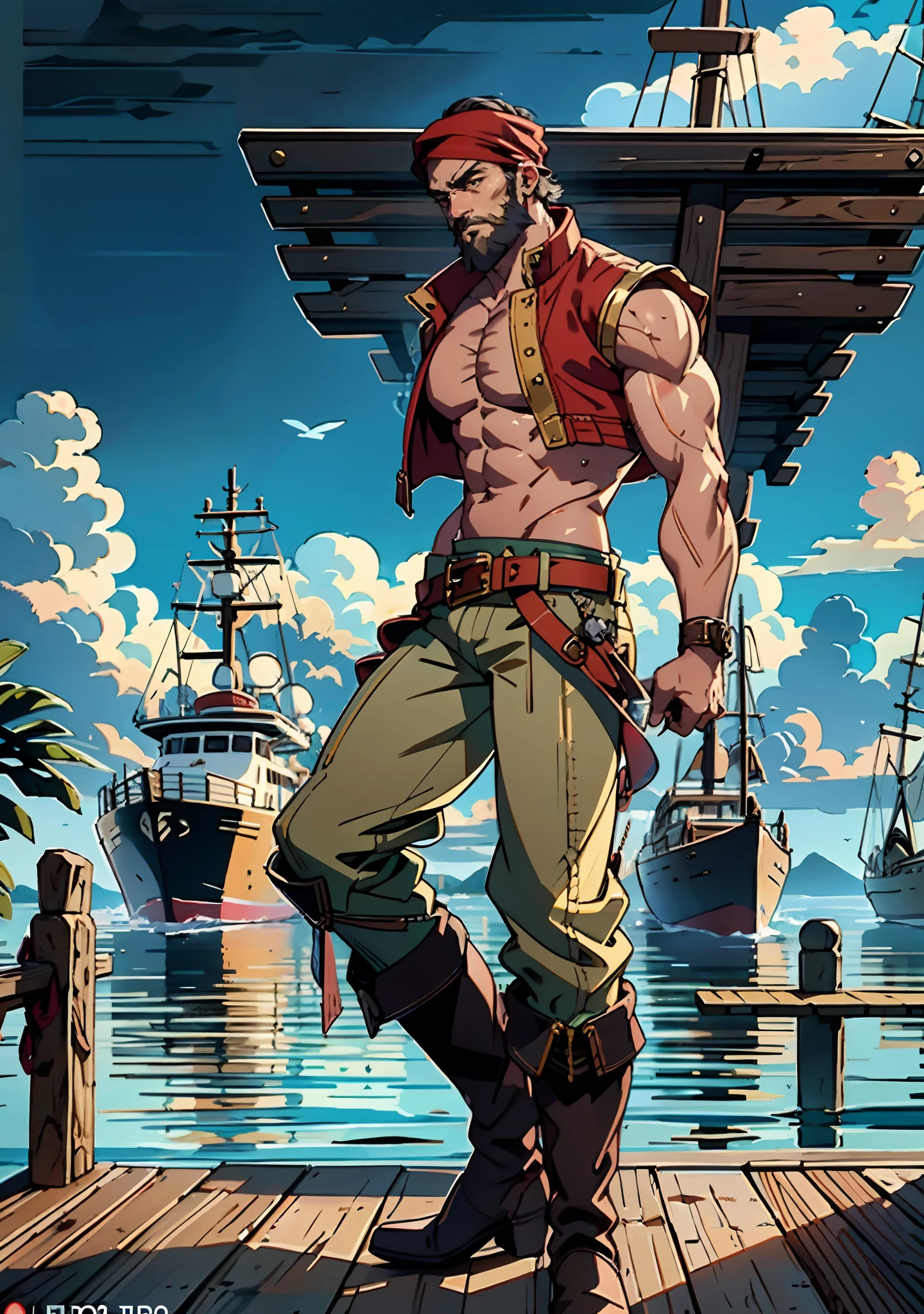 A middle-aged man with short brown hair, wearing a headscarf, has a Northern European face, a cold and stern gaze, a neatly trimmed beard, he wears a peculiar fantasy-style outfit, a uniquely tailored tight vest, that exposes much of his upper body, revealing well-defined muscles, a red cloth belt around his waist and wears, wears yellow cloth trousers, knee-high leather boots, he stands on the dock, with a large wooden sailboat in the background, this character embodies a finely crafted fantasy-style pirate in anime style, characterized by an exquisite and mature manga illustration art style, high definition, best quality, highres, ultra-detailed, ultra-fine painting, extremely delicate, professional, anatomically correct, symmetrical face, extremely detailed eyes and face, high quality eyes, creativity, RAW photo, UHD, 8k, Natural light, cinematic lighting, masterpiece:1.5