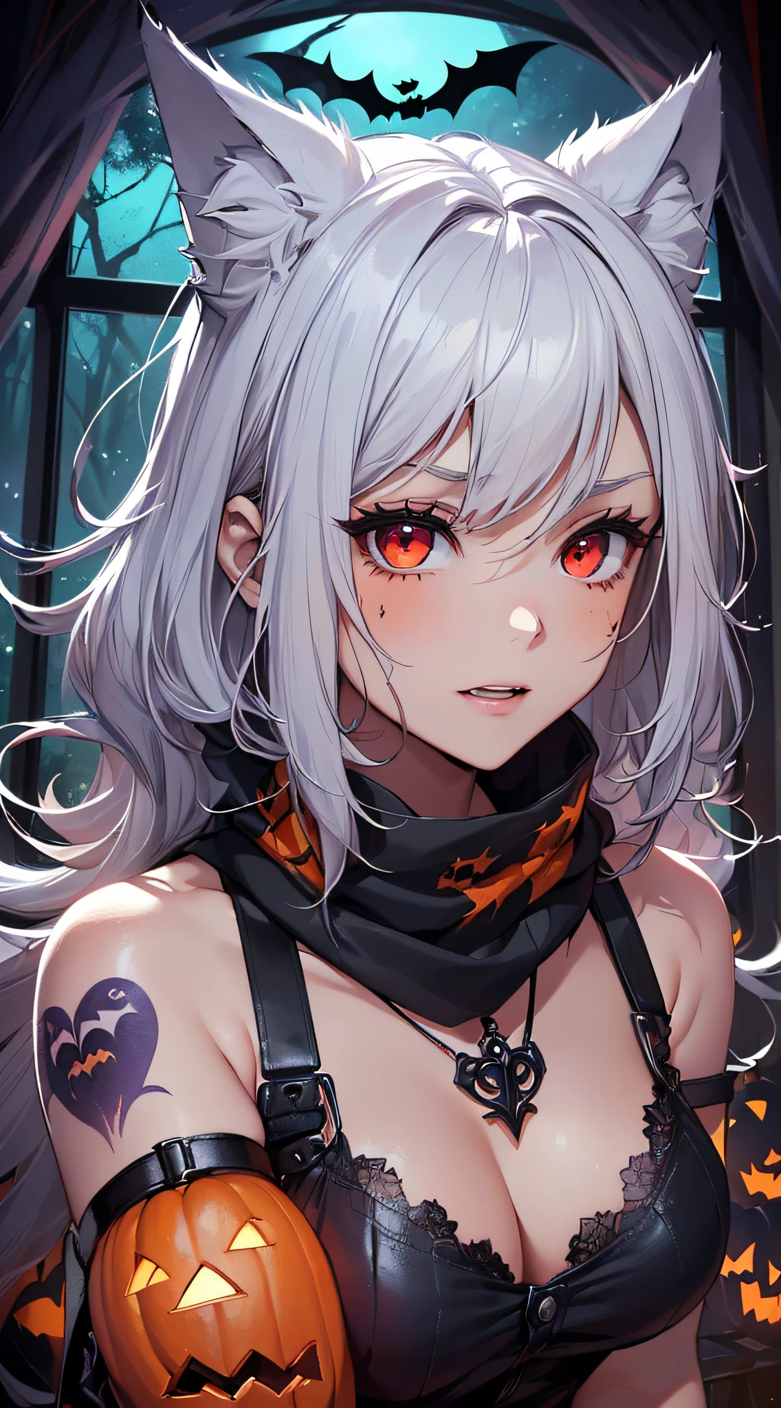 top-quality、Top image quality、masterpiece、teens girl((18year old,Tattered tank top in black and blue,Tattered orange and black shorts、orange scarf,Best Bust、Bust 85、silber hair、Longhaire,Red Eyes、open chest wide、Valley、Happiness、A slender、Blood coating、Leaning forward、Emphasis on the chest、Wolf tattoo、wolf ear、Wolf tail、excited expressions、Black perforated gloves、Nails are growing))hiquality、Beautiful Art、Background with((natta、window、dark sky、Halloween at night、the bats、pumpkins,Nightmare、Inside the Halloween venue、forest pathway))、masutepiece、Elaborate design、visualart、Theatrical films