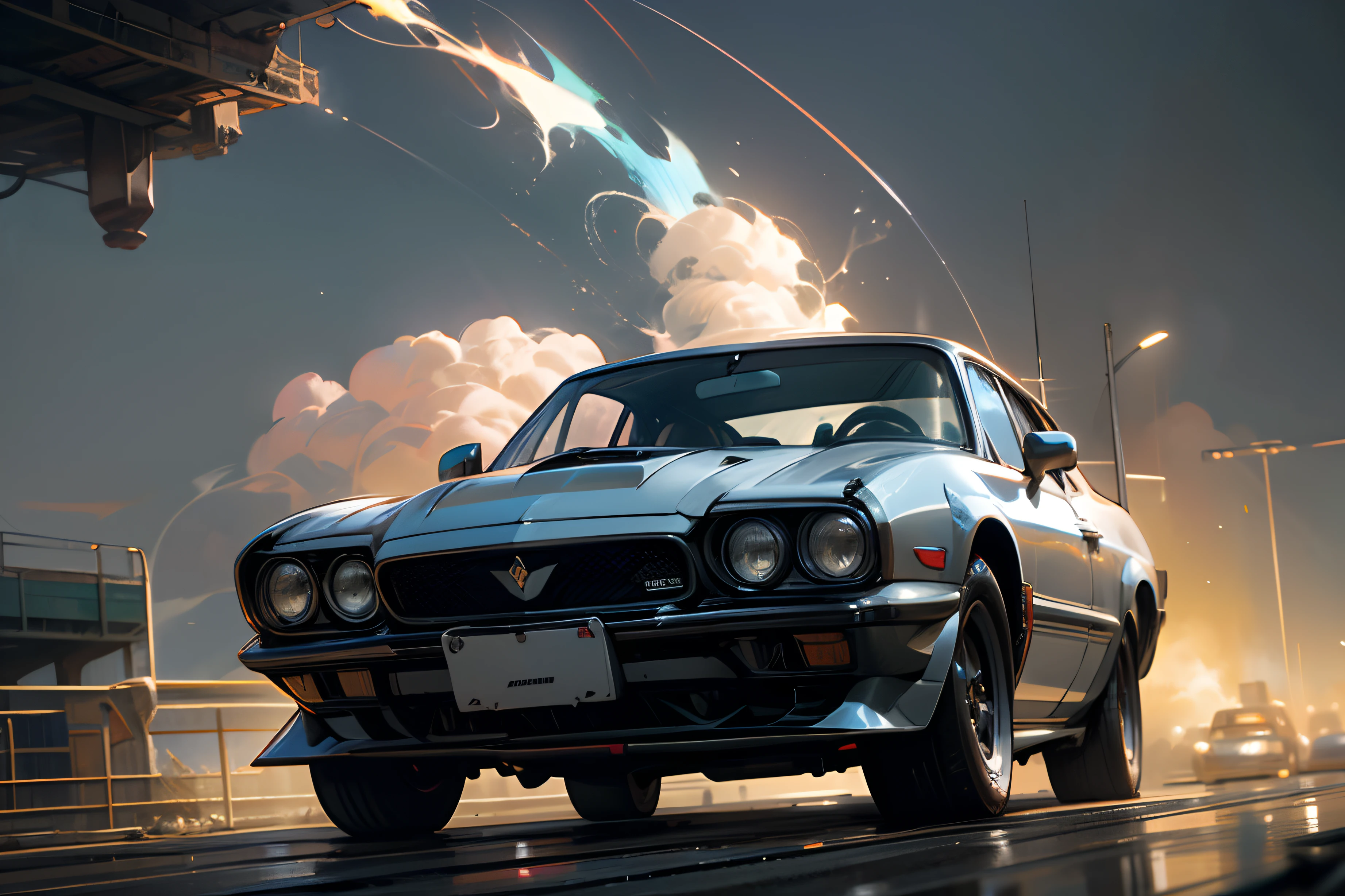 (master part, best quality), high resolution, (8K resolution), (ultra detalhado), spacecraft, Imagem representando uma corrida de carros entre planetas, Cars flying directly into space, Two racing cars flying quickly towards the camera, Super carro esportivo, motor a jato de alta tecnologia, planetas coloridos e nebulosas no fundo, headlights dragging streamers, hyper-realistic, Mais detalhes, low saturation, realismo, textura da foto