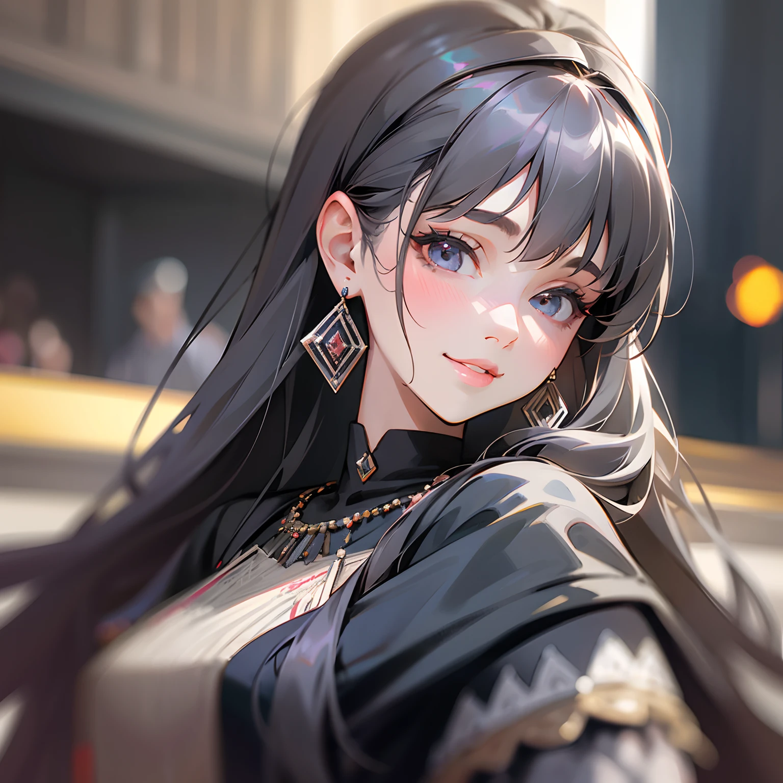 Solo, Jewelry, earrings, Long hair, 1girl in, Cute, gaze at the audience, Portrait, Gray hair, Blurred, Black hair, a smile, Nero, fringed earrings, Realistic, Lowly lips, Background blurred yukata、A little bit、25-years old