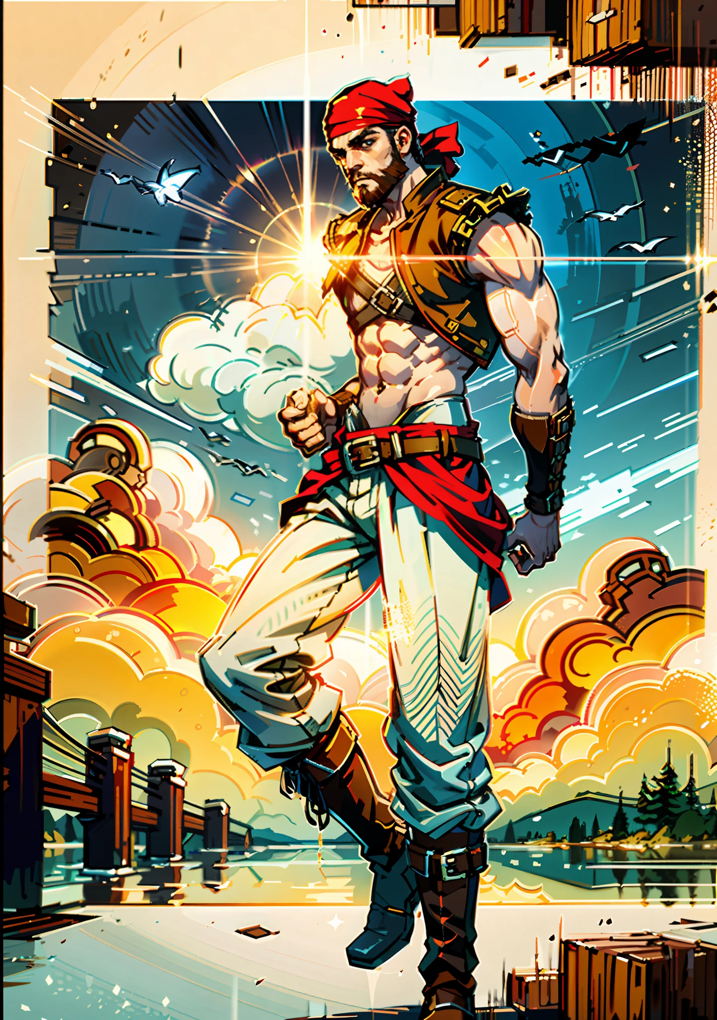 A middle-aged man with short brown hair, wearing a headscarf, has a Northern European face, a cold and stern gaze, a neatly trimmed beard, he wears a peculiar fantasy-style outfit, a uniquely tailored tight vest, that exposes much of his upper body, revealing well-defined muscles, a red cloth belt around his waist and wears, wears yellow cloth trousers, knee-high leather boots, he stands on the dock, with a large wooden sailboat in the background, this character embodies a finely crafted fantasy-style pirate in anime style, characterized by an exquisite and mature manga illustration art style, high definition, best quality, highres, ultra-detailed, ultra-fine painting, extremely delicate, professional, anatomically correct, symmetrical face, extremely detailed eyes and face, high quality eyes, creativity, RAW photo, UHD, 8k, Natural light, cinematic lighting, masterpiece:1.5