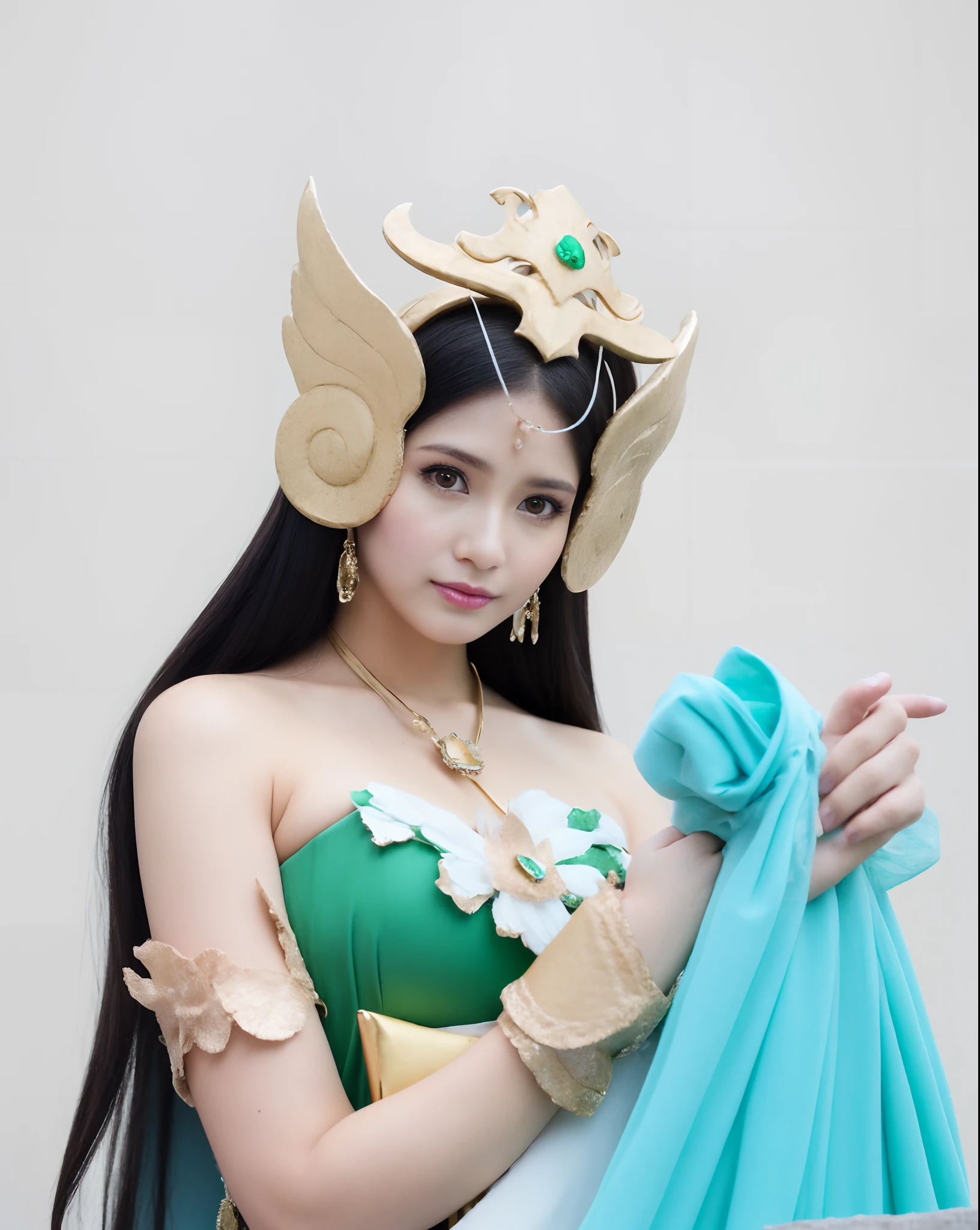 High quality image, masterpiece, detailed hair texture, detailed skin texture, detailed cloth texture, 8k, add fabric details, ultra detailed skin texture, ultra detailed photo, skin pores, cloth details, high skin details, realistic hair details, arafed woman in a green and gold costume holding a blue bag, anime cosplay, cosplayer, anime girl cosplay, lady palutena, cosplay, palutena, professional cosplay, queen of the sea mu yanling, ornate cosplay, cosplay photo, elegant glamourous cosplay, publicity cosplay, irelia, inspired by Lan Ying, anime goddess