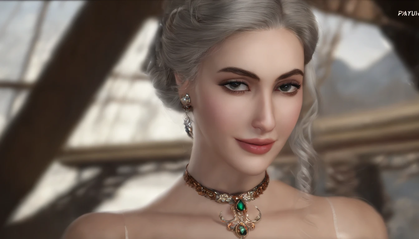 (Realistic painting style:0.9), masterpiece, best quality,  absurdres, looking at viewer, solo, bronya zaychik (silverwing n-ex), bronya zaychik, red pupils, 1girl, solo, breasts, long hair, dress, grey hair, cleavage, looking at viewer, smile, closed mouth, bangs, grey eyes, jewelry, single glove, earrings, white dress, gloves, bare shoulders, sleeveless dress, drill hair, sleeveless, single sleeve, hair between eyes, large breasts, twin drills, white sleeves, hair ornament, single pauldron, city, night