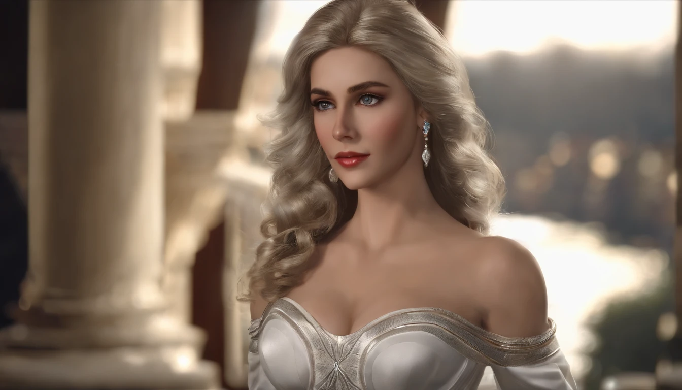 (Realistic painting style:0.9), masterpiece, best quality, absurdres, looking at viewer, solo, bronya zaychik (silverwing n-ex), bronya zaychik, red pupils, 1girl, solo, breasts, long hair, dress, grey hair, cleavage, looking at viewer, smile, closed mouth, bangs, grey eyes, jewelry, single glove, earrings, white dress, gloves, bare shoulders, sleeveless dress, drill hair, sleeveless, single sleeve, hair between eyes, large breasts, twin drills, white sleeves, hair ornament, single pauldron, city, night