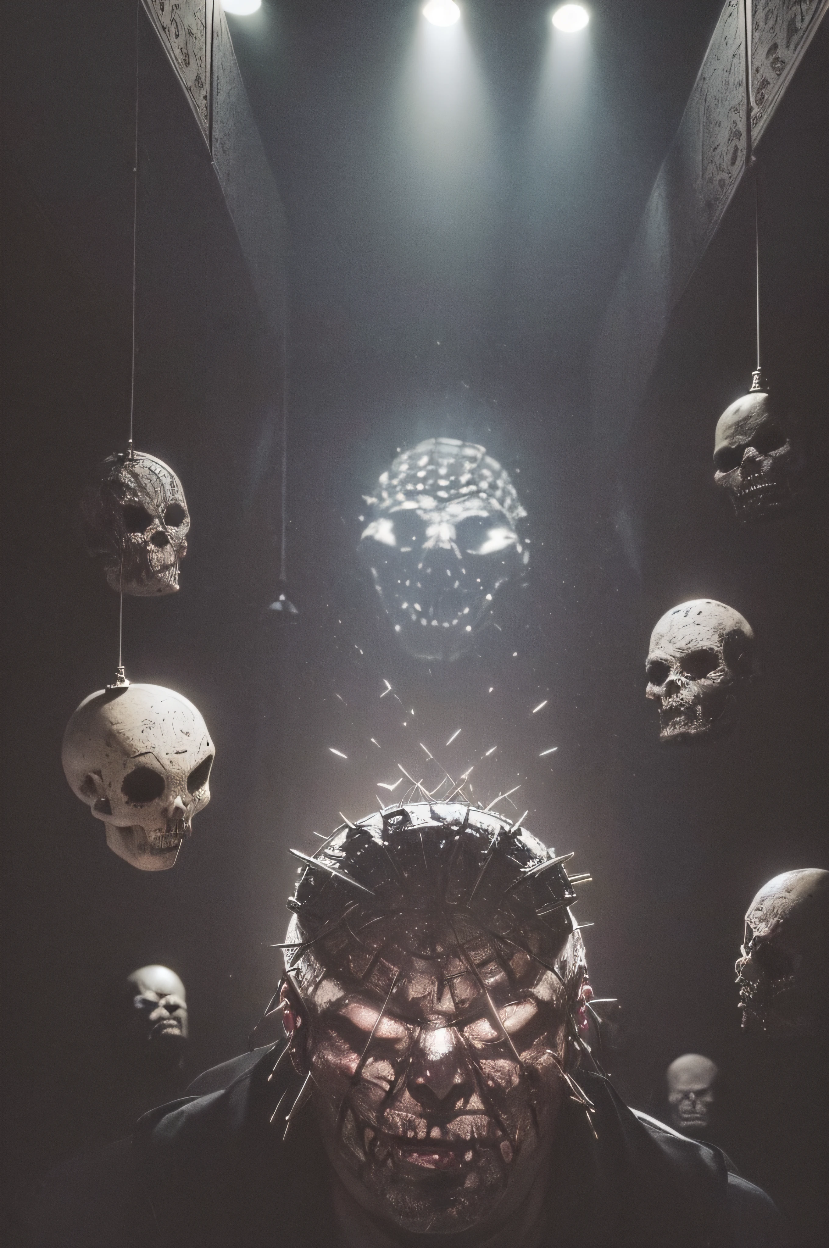 "(The best lighting, oscuro, dramatic),(feto calavera alien, Hellraiser, Cicatrices, , sexy, cerebro, sangre, una rata dentro de la cabeza, terror.),(ojos rojos, calaveras). morning light.