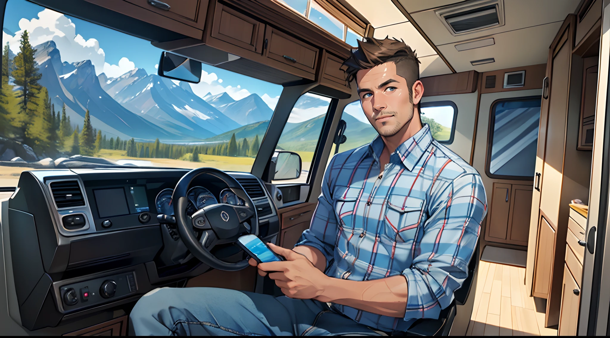 best quality, a handsome man, selfie in front of my recreational vehicle, motor home, (checkered shirt and jeans), smile, nice haircut, (selfie in front of my motorhome at the national park with elaborate details, mountain range in the back ground, lush vegetations), morning, intricate details, soft tones, clean lines, perfect illustration, natural lighting, 8k
