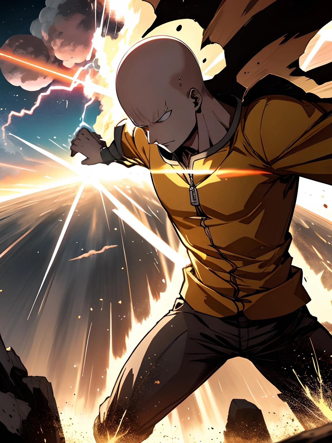 An illustration of Saitama striking the great earthwork with a powerful punch, creating a devastating shockwave and a huge crack in the atmosphere, hyperdetailled, hyperrealistic