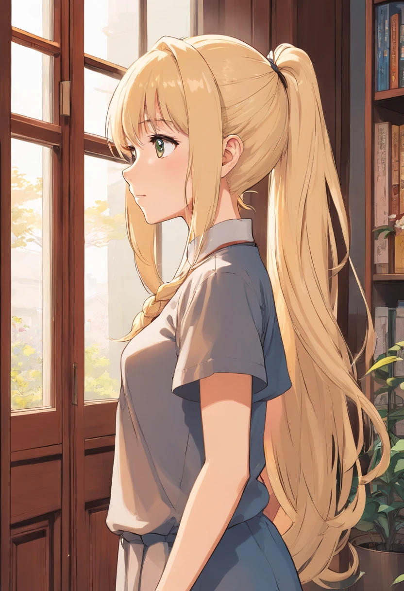 long hair anime girl, And blonde hair and ponytail standing in front of the window, black and white manga style, Manhwa Style, detailed manga style, beautiful line art, Floor plan about the《Ishida art manga》, long hair anime girl, anime girl profile, black and white manga page, comic artstyle, comic drawing, Shoujo manga character design, Manhwa Style