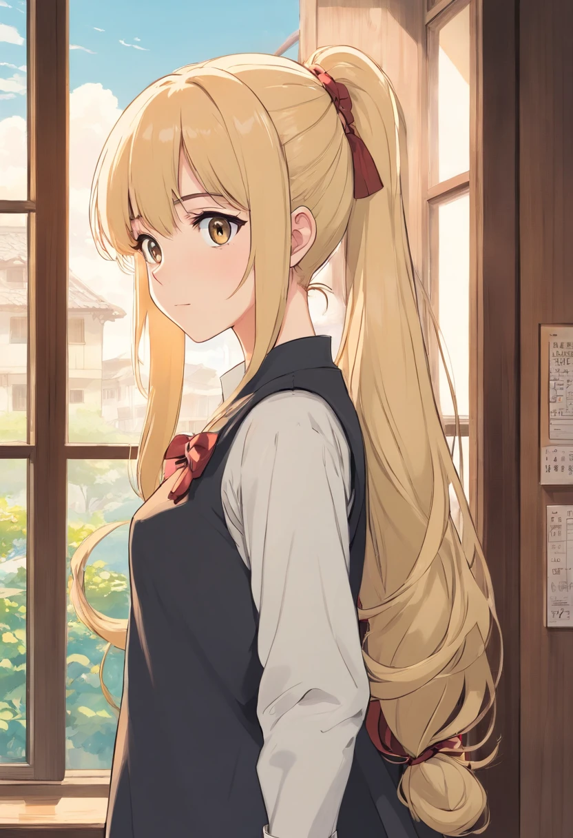 long hair anime girl, And blonde hair and ponytail standing in front of the window, black and white manga style, Manhwa Style, detailed manga style, beautiful line art, Floor plan about the《Ishida art manga》, long hair anime girl, anime girl profile, black and white manga page, comic artstyle, comic drawing, Shoujo manga character design, Manhwa Style