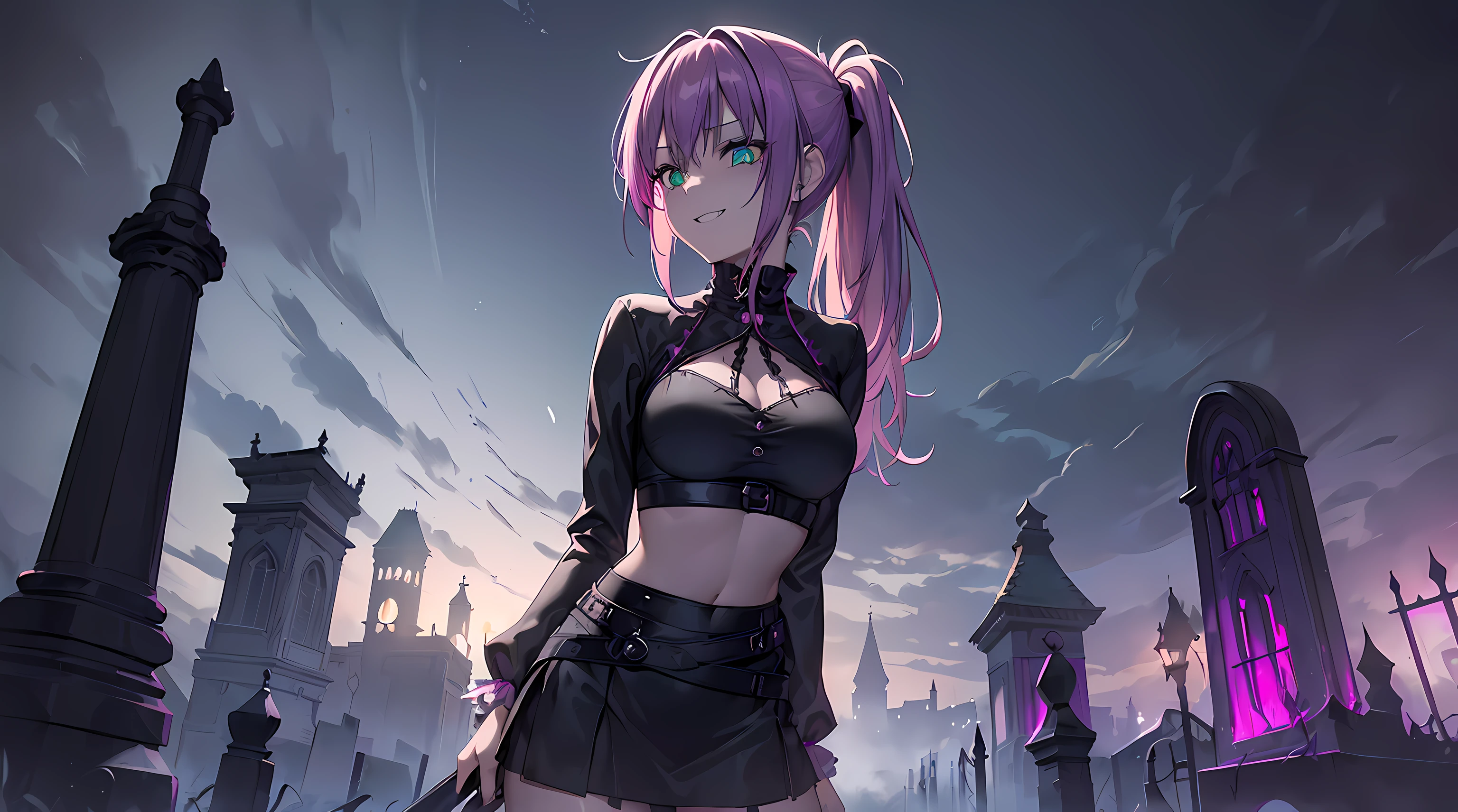 masterpiece, 1girl ((20year old, Witches Outfit, Black crop top shirt exposes navel, purple miniskirt, knee-high boots, edium breasts, multicolor pink hair, twin ponytails, green eyes, flirting, happy, big smile, witches hat, standing in a graveyard at night, scary and abandoned old Victorian styles homes, dark and spooky night atmosphere)), ((nighttime))