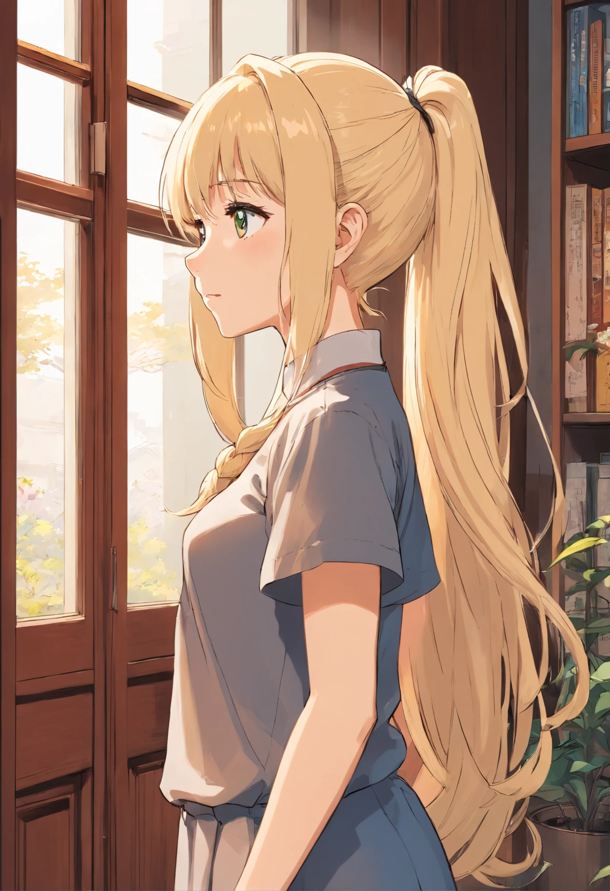 long hair anime girl, And blonde hair and ponytail standing in front of the window, black and white manga style, Manhwa Style, detailed manga style, beautiful line art, Floor plan about the《Ishida art manga》, long hair anime girl, anime girl profile, black and white manga page, comic artstyle, comic drawing, Shoujo manga character design, Manhwa Style