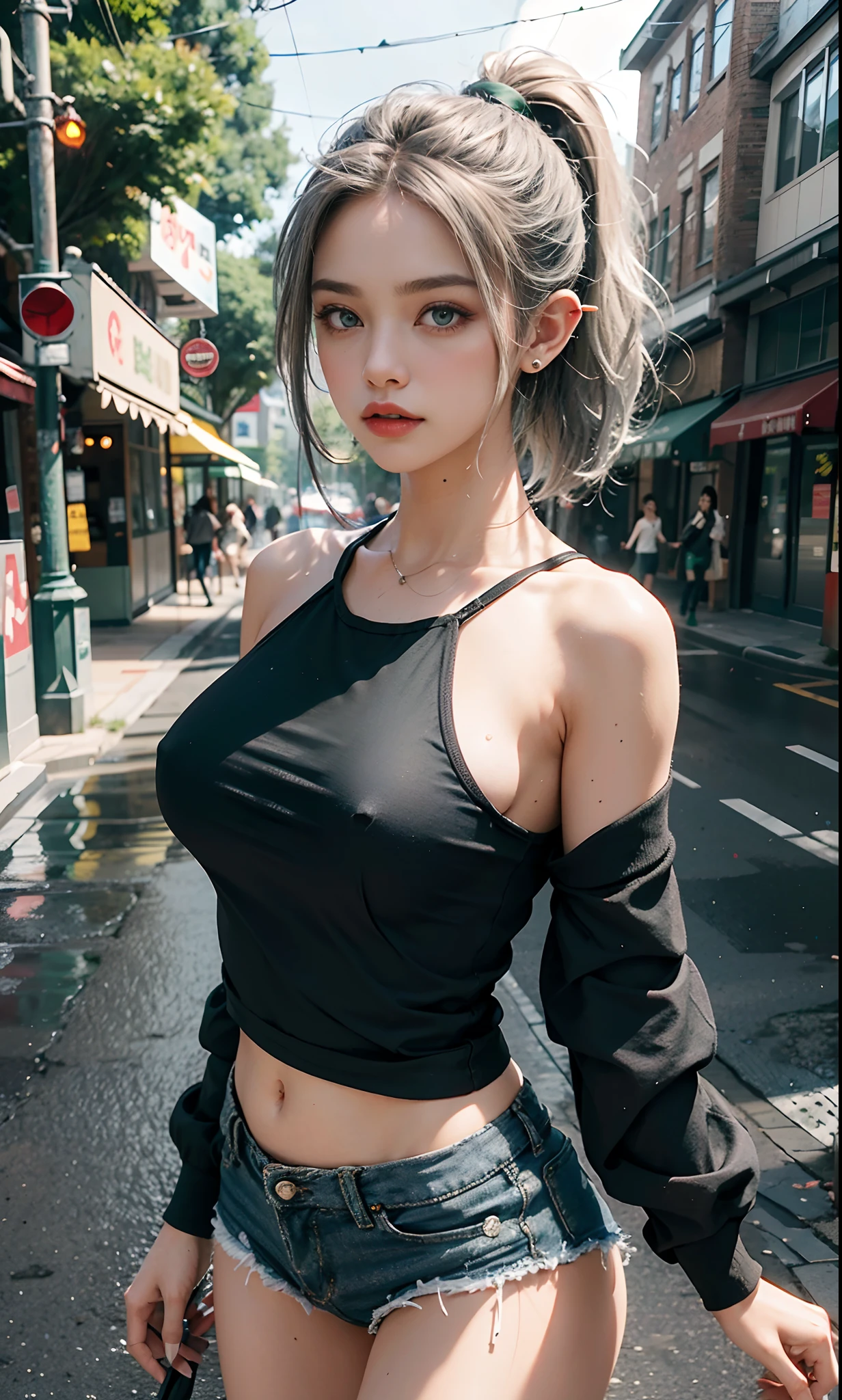 (raining day:1 silver-haired girl, Girl), tmasterpiece, best qualtiy, RAW photogr, realisticlying, the face, Incredibly Ridiculous res, Beautiful elf beauty, ear studs,Get wet all over, (Super short hair in black and green,Half-tied ponytail), White crop top shirt,tiese,Half-leg jeans,Short black socks,Short black socks,Low-top canvas shoes,depth of fields, A high resolution, ultra - detailed, filigree, RAWE is very detailed, very detailed eyes and faces, Sharp pupils, realistic pupil, tack sharp focus, cinmatic lighting,full bodyesbian,Bigboobs,long leges,From the front side,Main street on a rainy day,dynamicposes