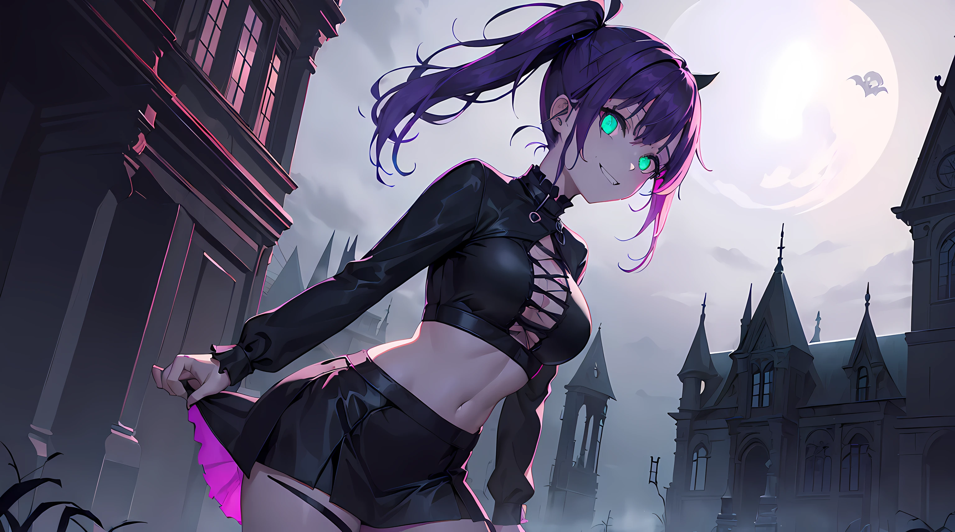 ​masterpiece, 1girl ((20year old, Witches Outfit, Black crop top shirt exposes navel, purple miniskirt, knee-high boots, thigh high socks, medium breasts, multicolor pink hair, twin ponytails, green eyes, flirting, happy, big smile, looking forward, witches hat, standing in a graveyard at night, scary and abandoned old Victorian styles homes, dark and spooky night atmosphere)) ((nighttime)) nightcore ((low camera angle))